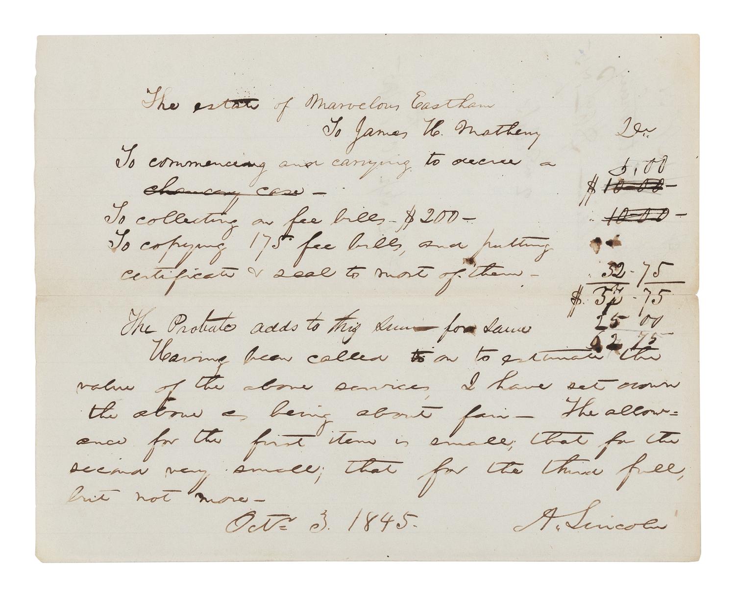 LINCOLN, Abraham (1809-1865). Autograph legal document signed ("A. Lincoln") to James H. Matheny. Springfield, Illinois, 3 October 1845.