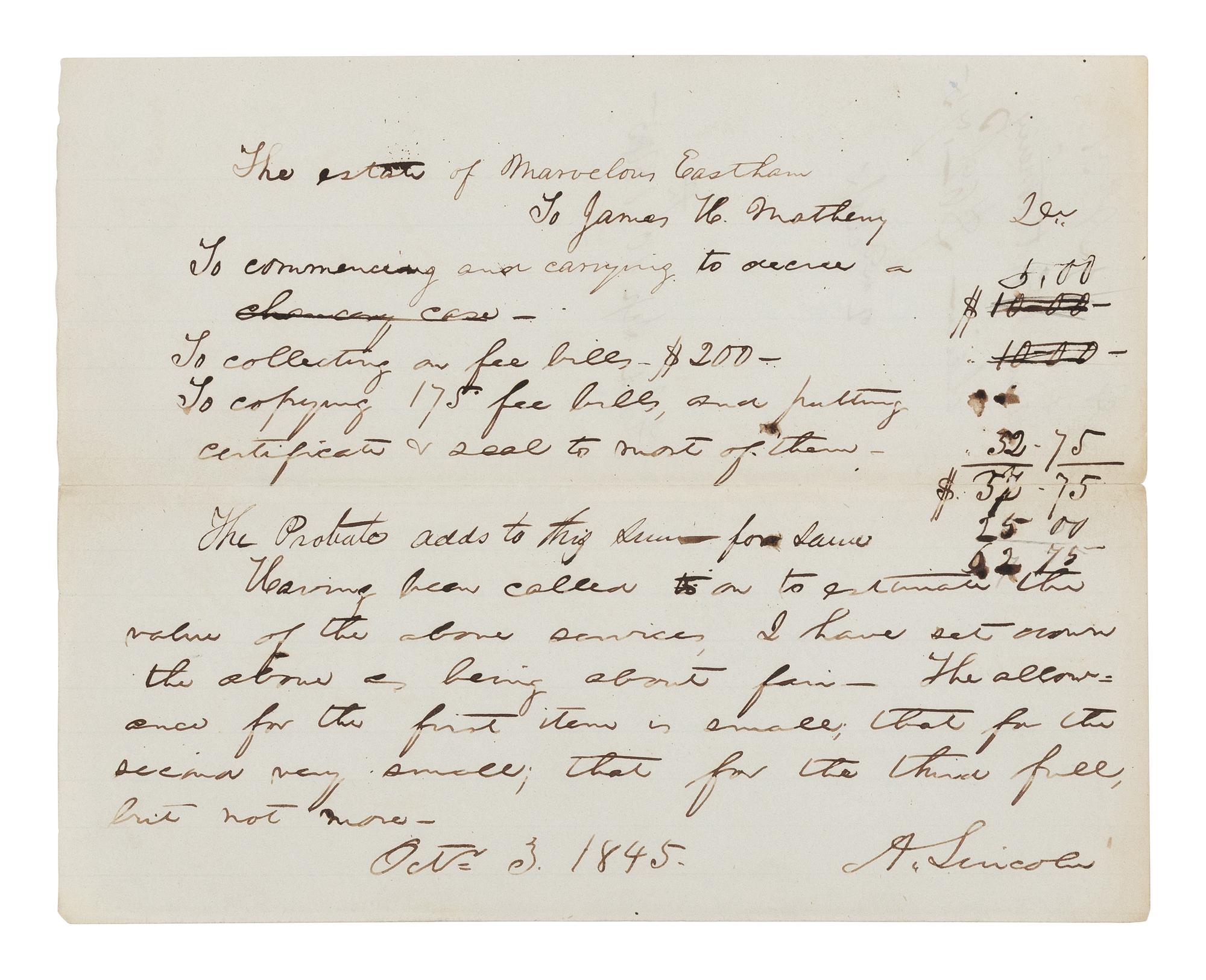 LINCOLN, Abraham (1809-1865). Autograph legal document signed ("A. Lincoln") to James H. Matheny. Springfield, Illinois, 3 October 1845.