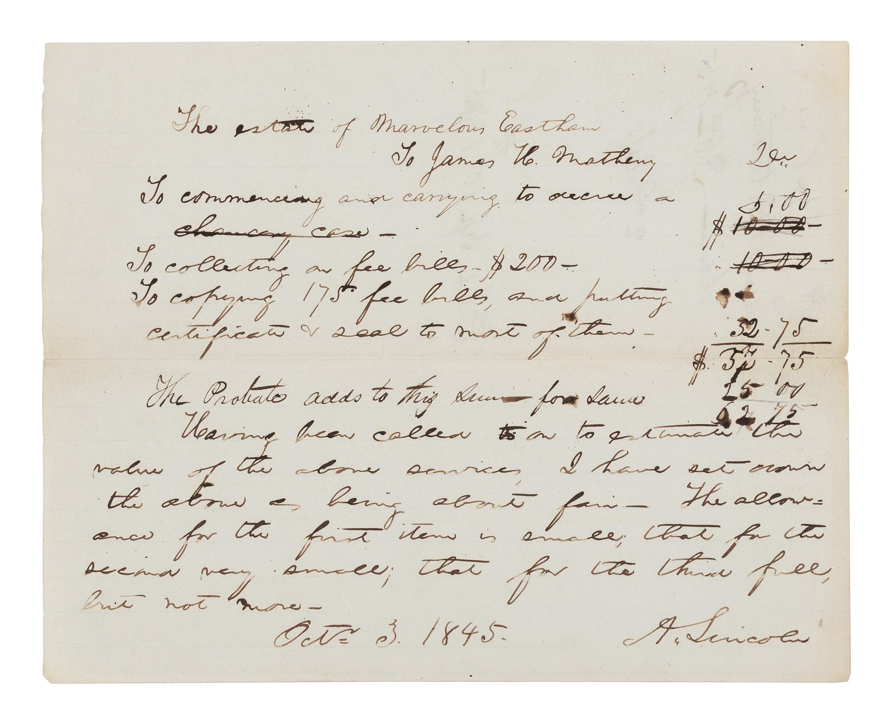 LINCOLN, Abraham (1809-1865). Autograph legal document signed ("A. Lincoln") to James H. Matheny. Springfield, Illinois, 3 October 1845.