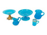 A Group of Five Parcel Gilt Blue Opaline Articles