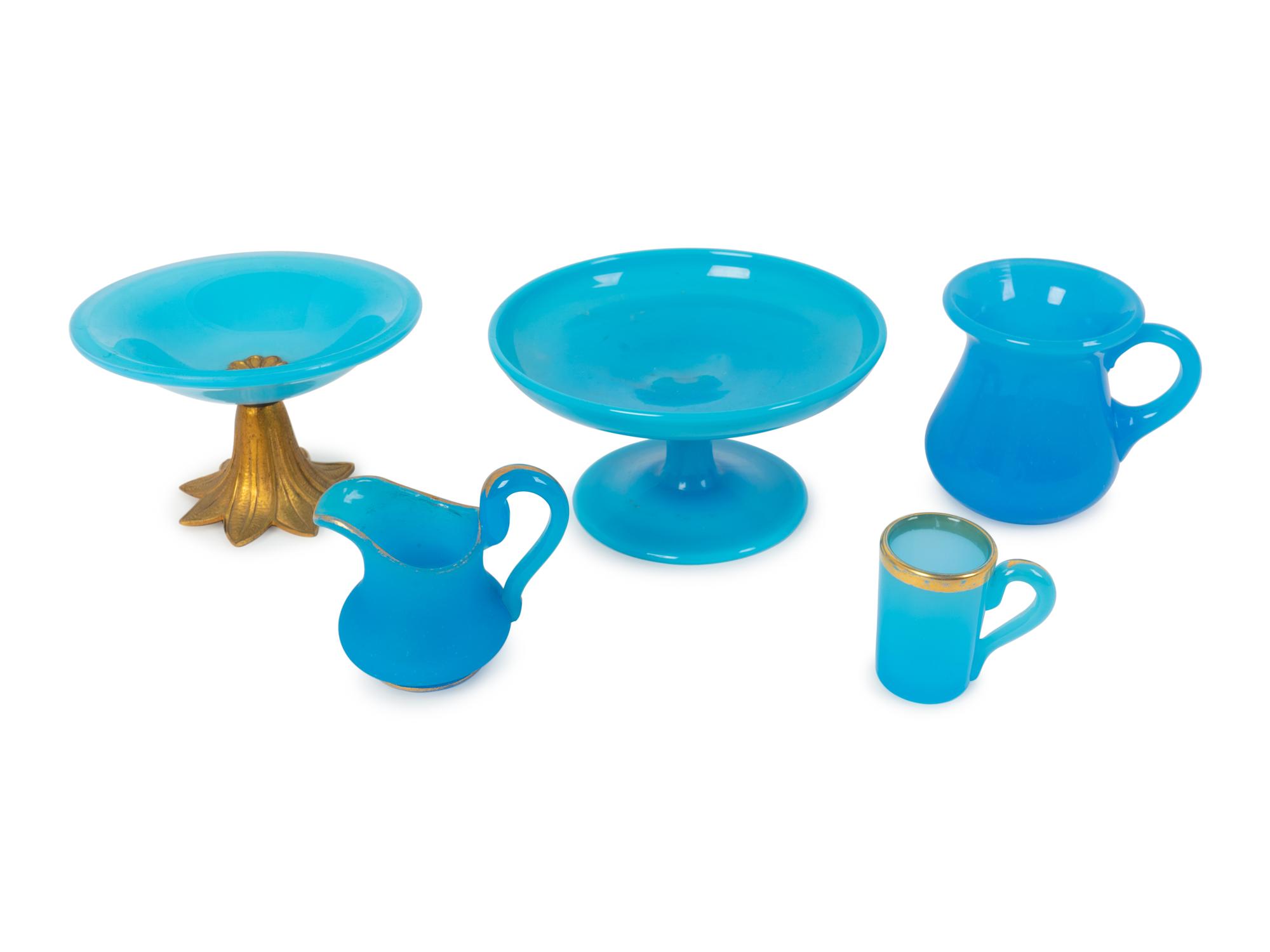 A Group of Five Parcel Gilt Blue Opaline Articles