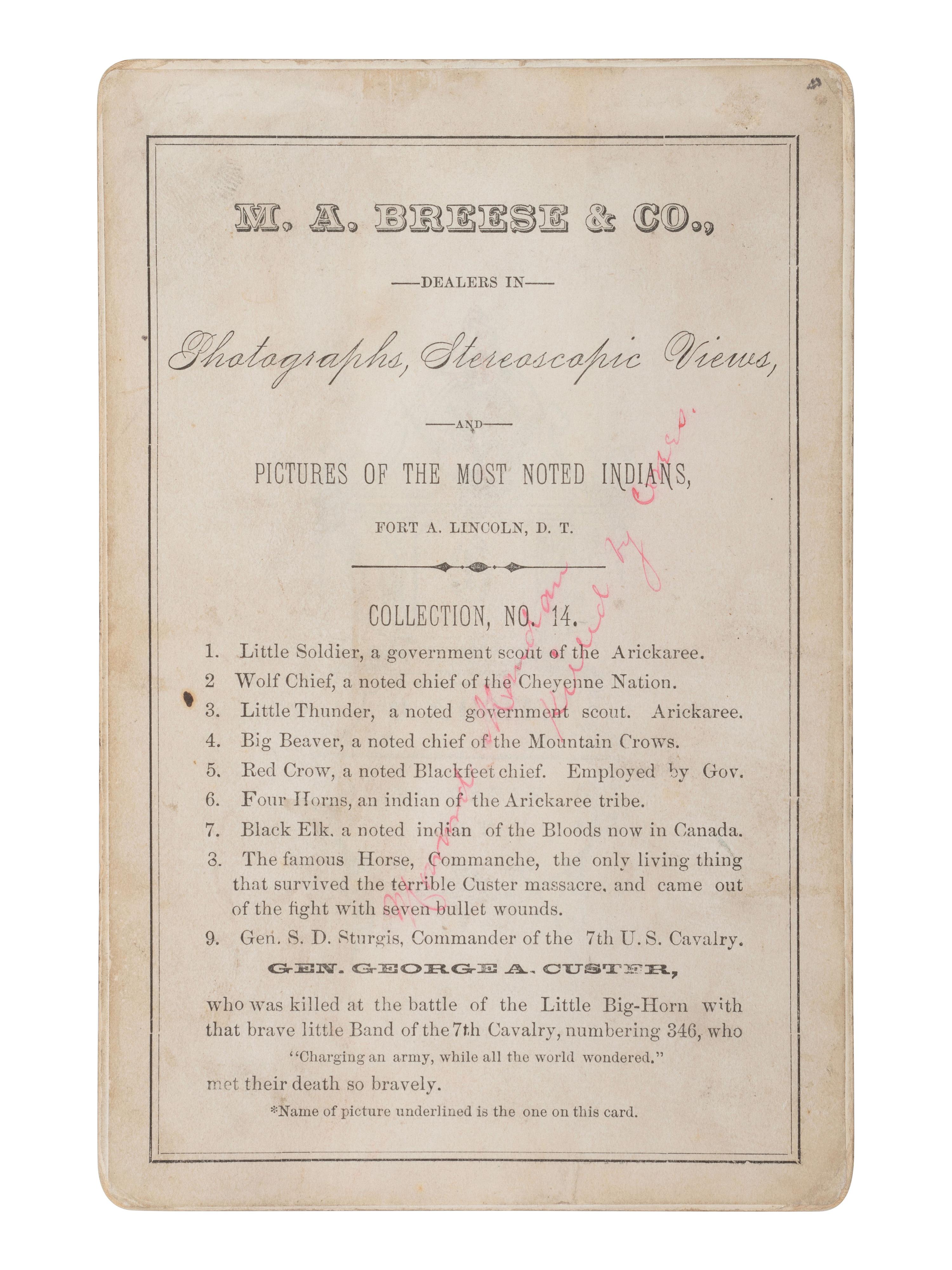 [CUSTER, George Armstrong]. Cabinet card of Osage scout identified as "Howard Mandan" who served with Custer at the Battle of Washita. Fort A. Lincoln, DT: M.A. Breese & Co.