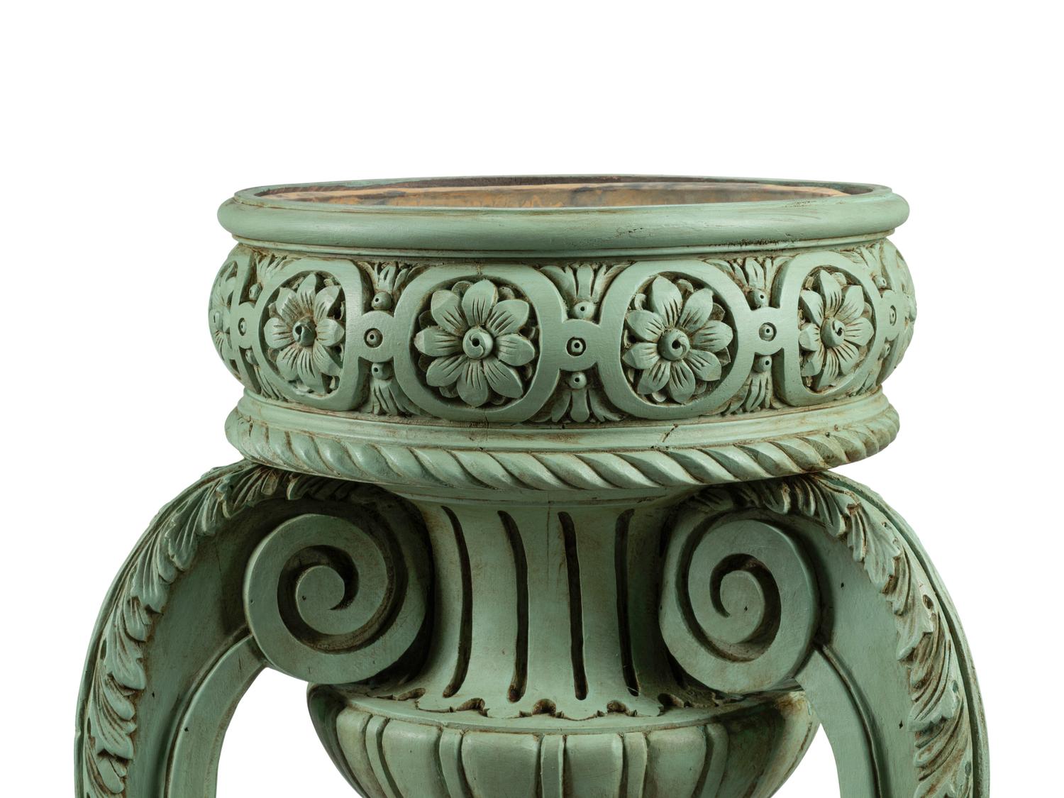 A Pair of Louis XV Style Carved and Green-Painted Jardinières with Liners