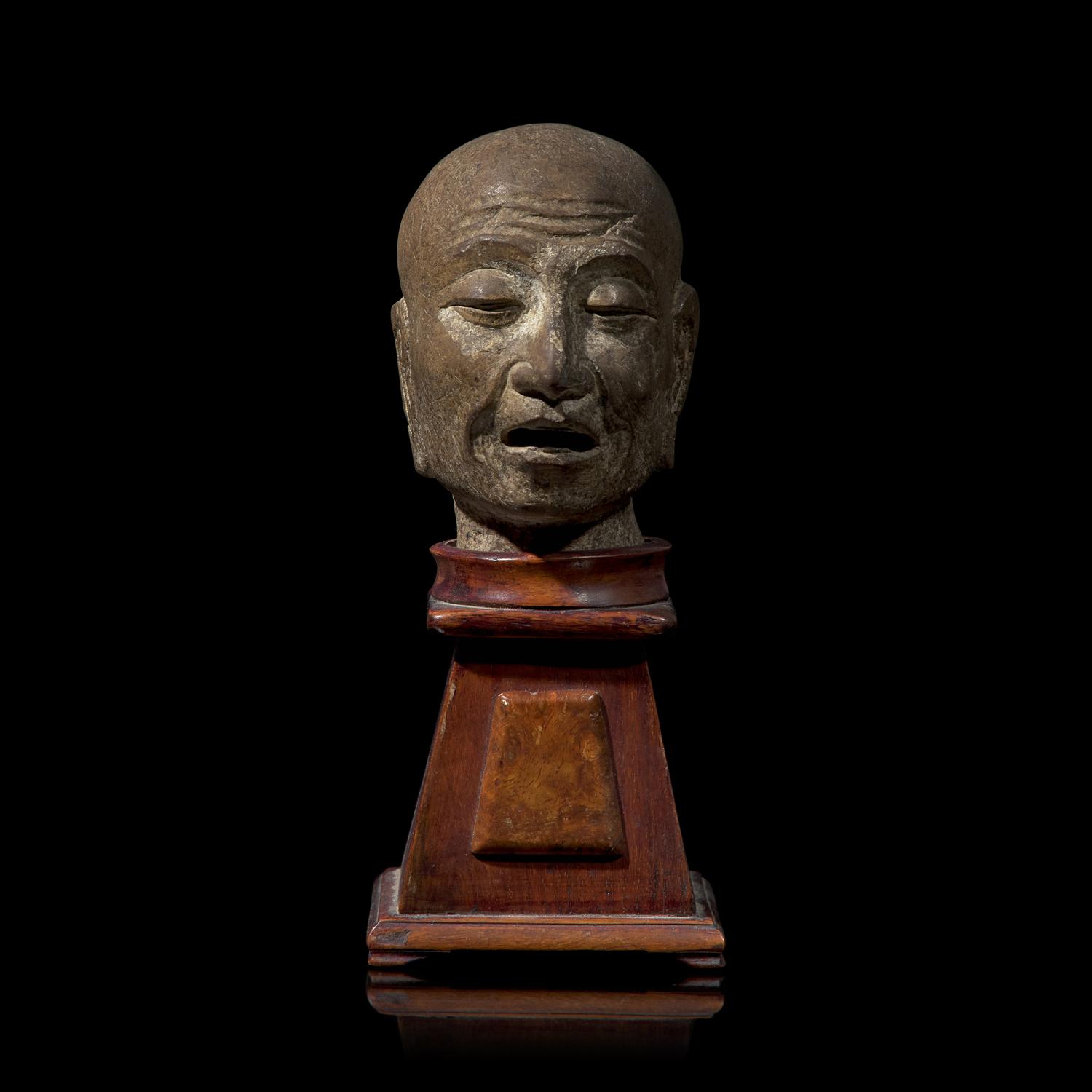 A Chinese Carved Stone Head of a Singing or Chanting Luohan, Song to Yuan Dynasty 宋-元 石雕羅漢頭像