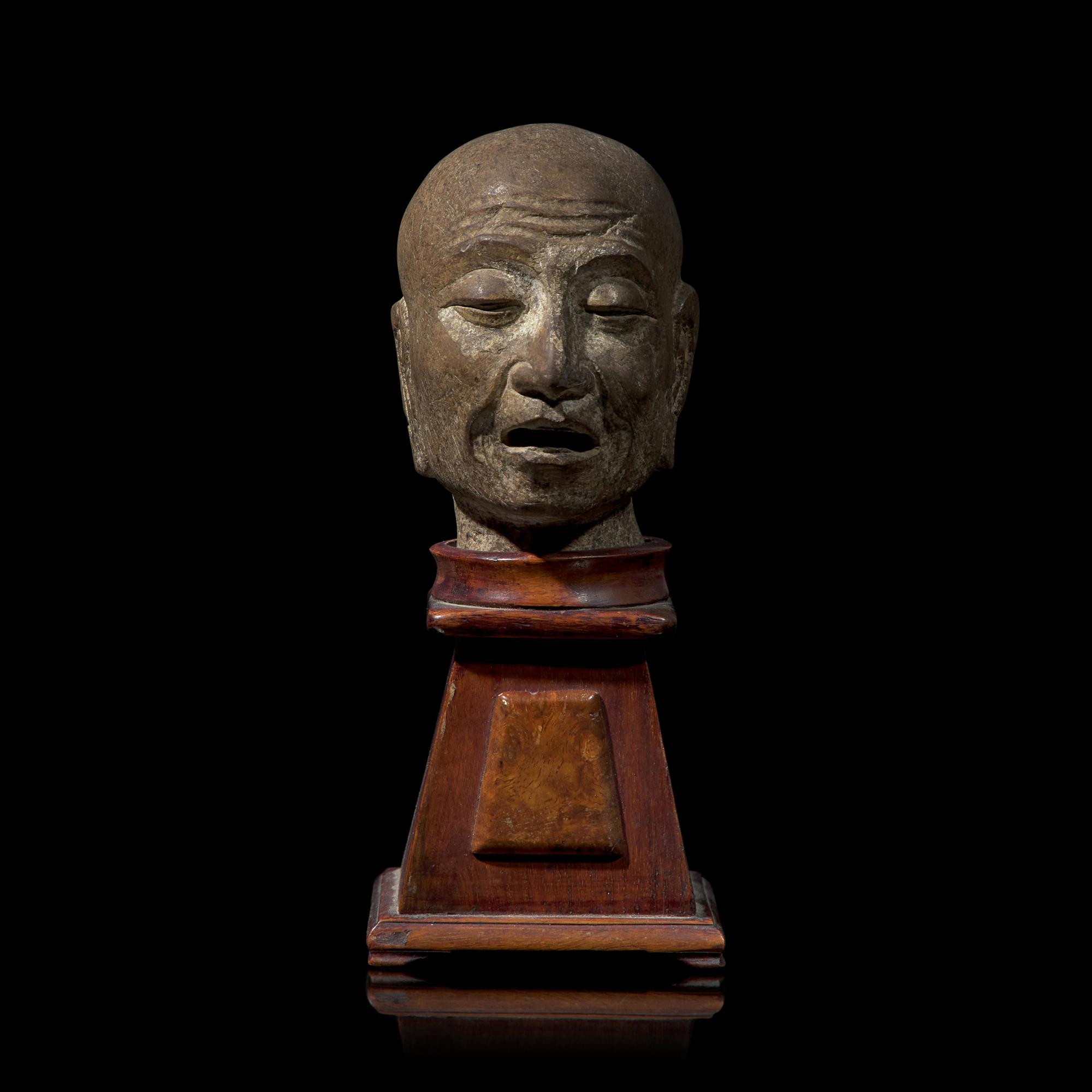 A Chinese Carved Stone Head of a Singing or Chanting Luohan, Song to Yuan Dynasty 宋-元 石雕羅漢頭像