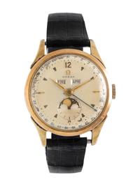 OMEGA, VINTAGE, REF. 2606-1 STEEL AND GOLD-PLATED TRIPLE DATE MOON PHASE 'MUSEUM COSMIC' WRISTWATCH