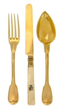 A French Silver-Gilt Dessert Service, Paris, Circa 1830, Fiddle and Thread pattern, each engraved with the coat of arms of the Marquis