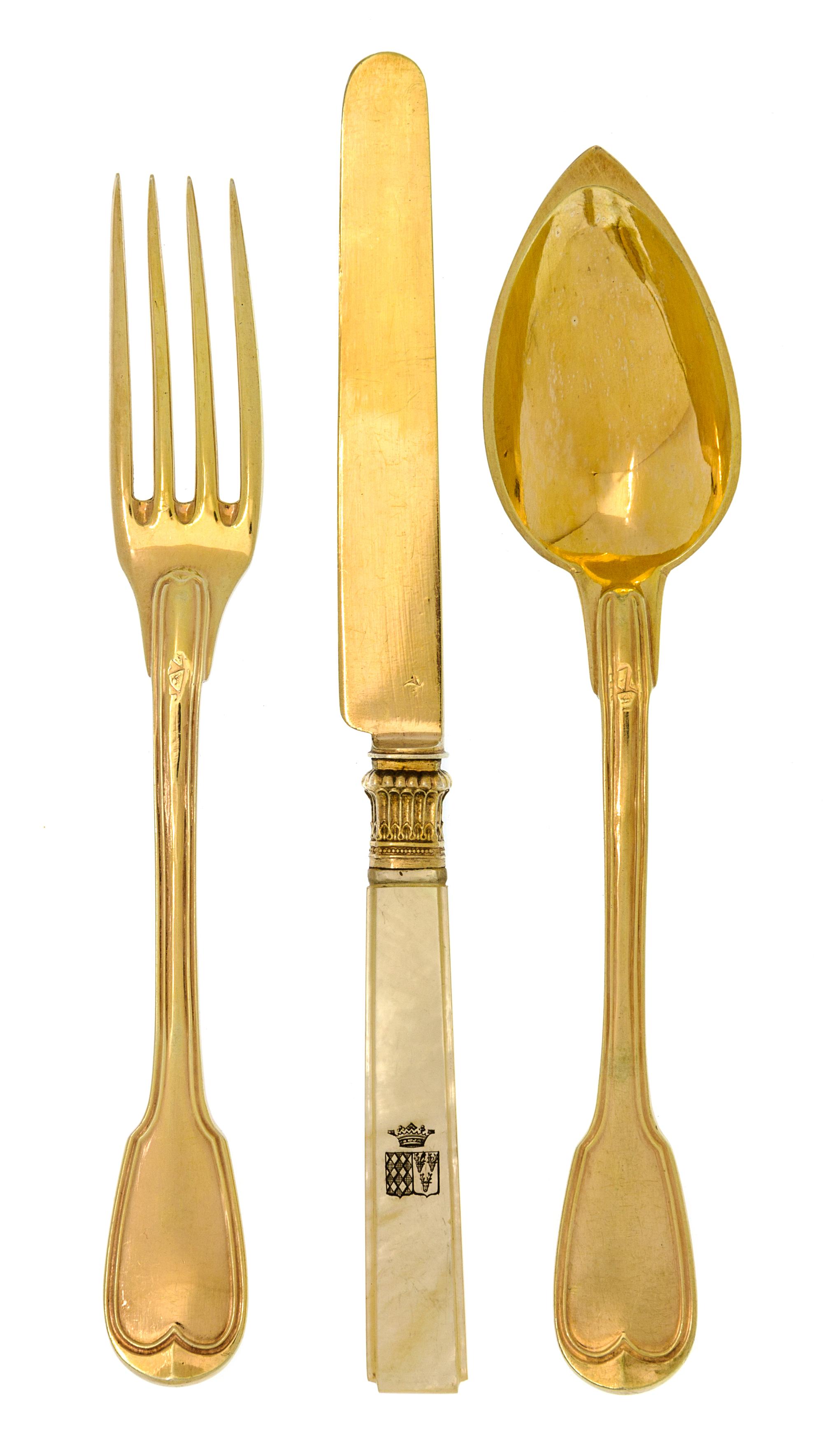 A French Silver-Gilt Dessert Service, Paris, Circa 1830, Fiddle and Thread pattern, each engraved with the coat of arms of the Marquis