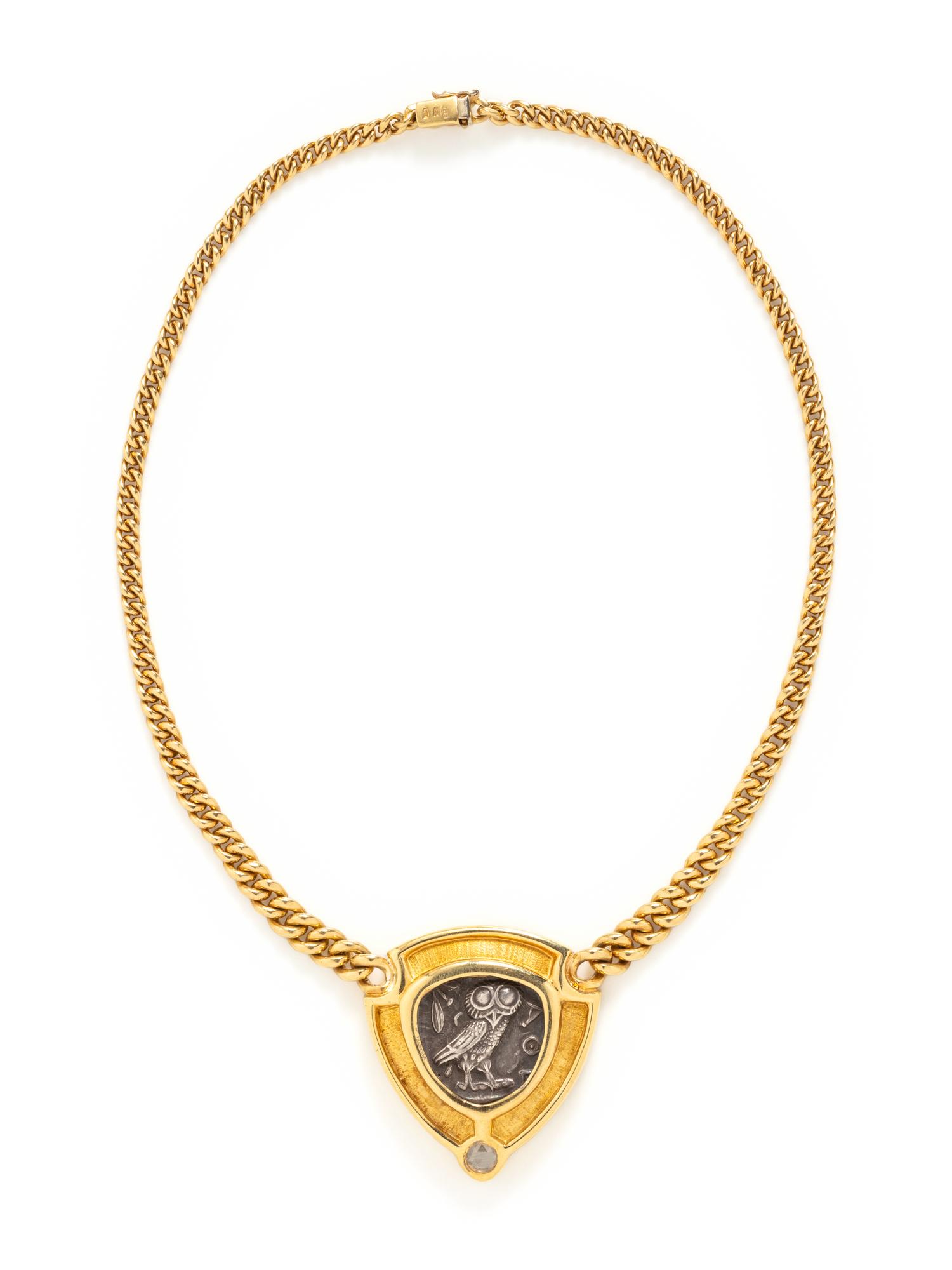 YELLOW GOLD, GREEK COIN AND DIAMOND NECKLACE