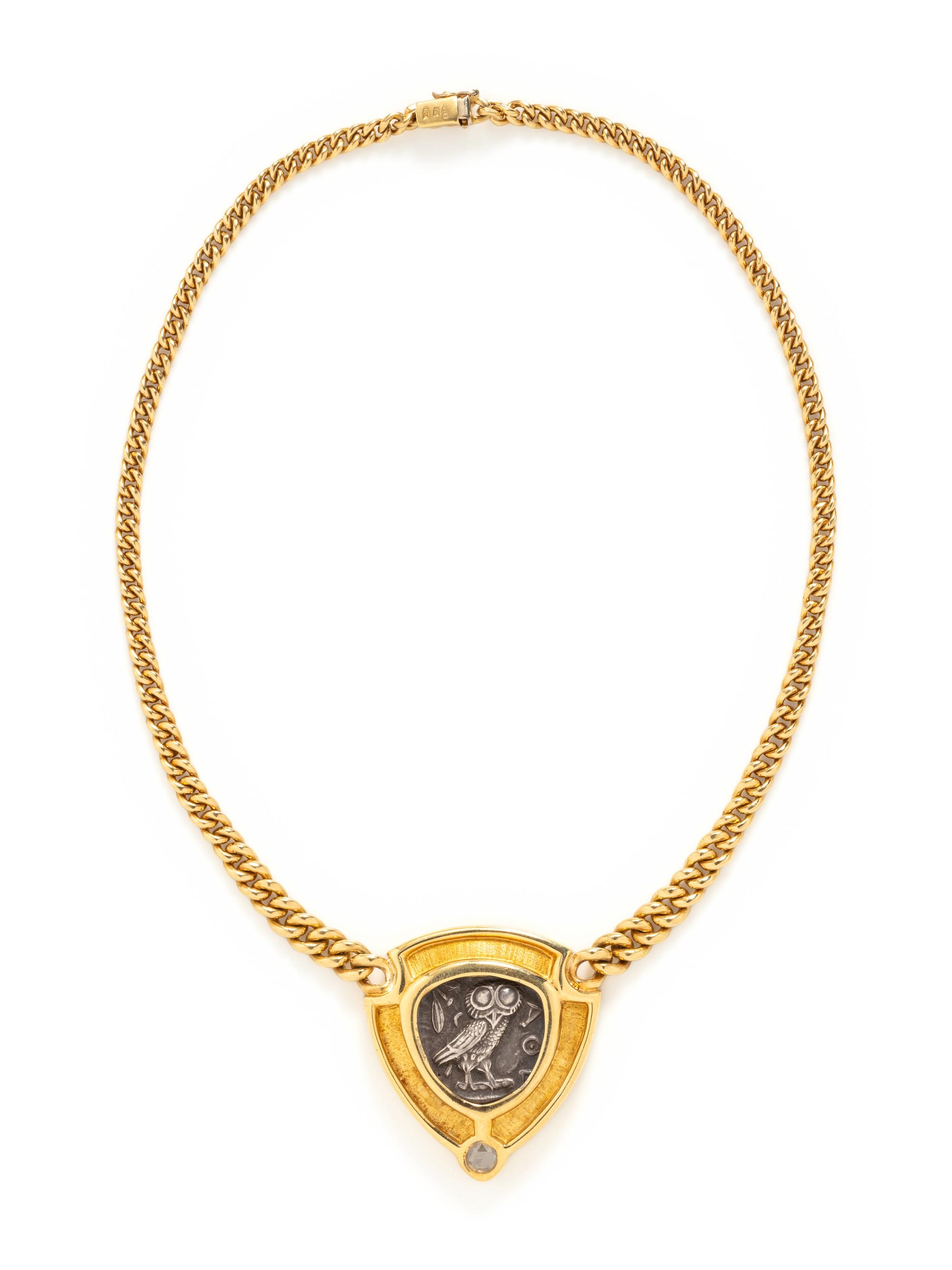 YELLOW GOLD, GREEK COIN AND DIAMOND NECKLACE