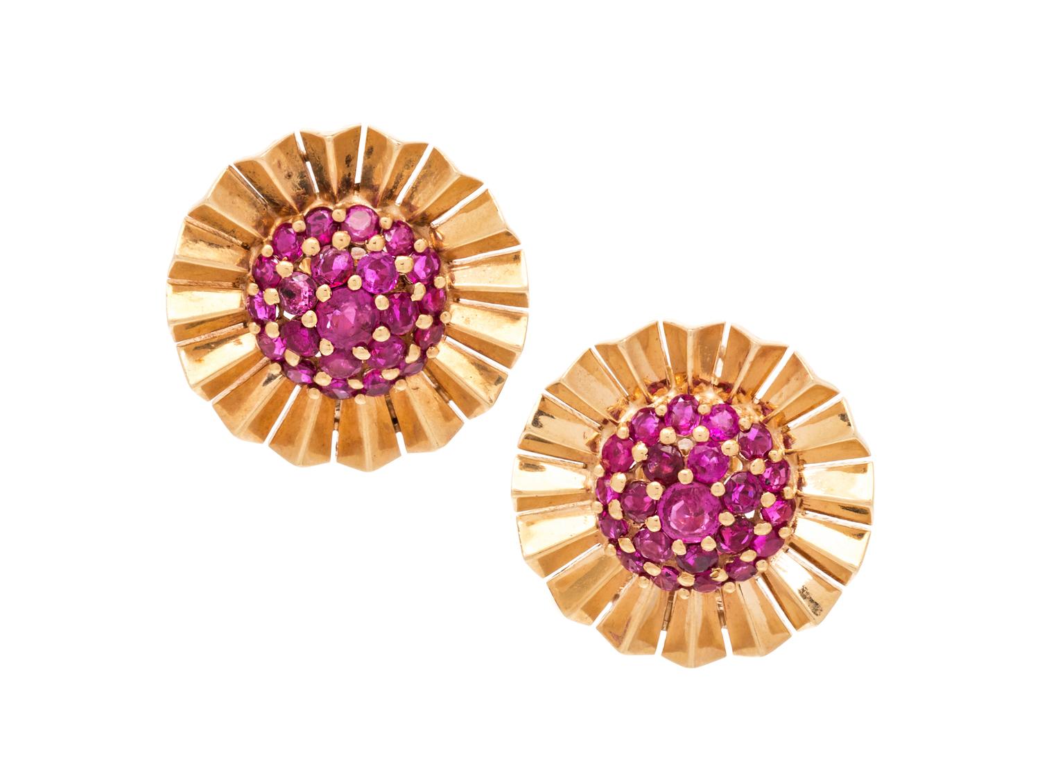 A Pair of 14 Karat Yellow Gold and Ruby Earclips,