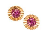 A Pair of 14 Karat Yellow Gold and Ruby Earclips,