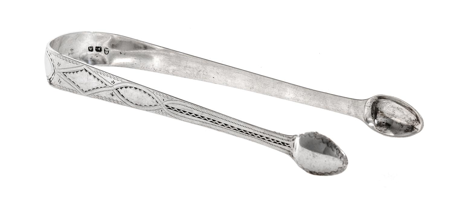 A George III Silver Sugar Tongs, Likely Richard Crossley, London, 1796, decorated with geometric patterns and monogrammed E.I.M.