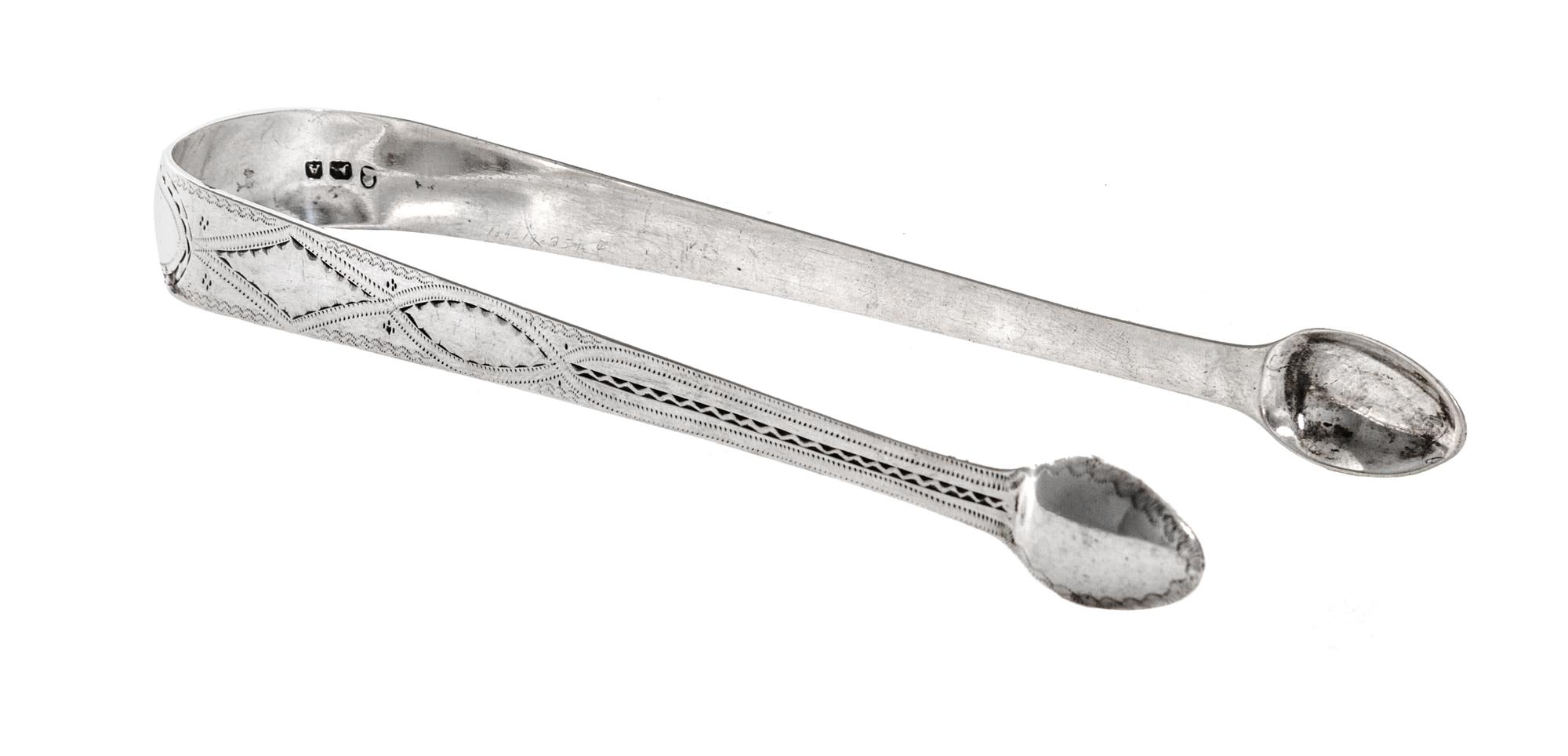 A George III Silver Sugar Tongs, Likely Richard Crossley, London, 1796, decorated with geometric patterns and monogrammed E.I.M.