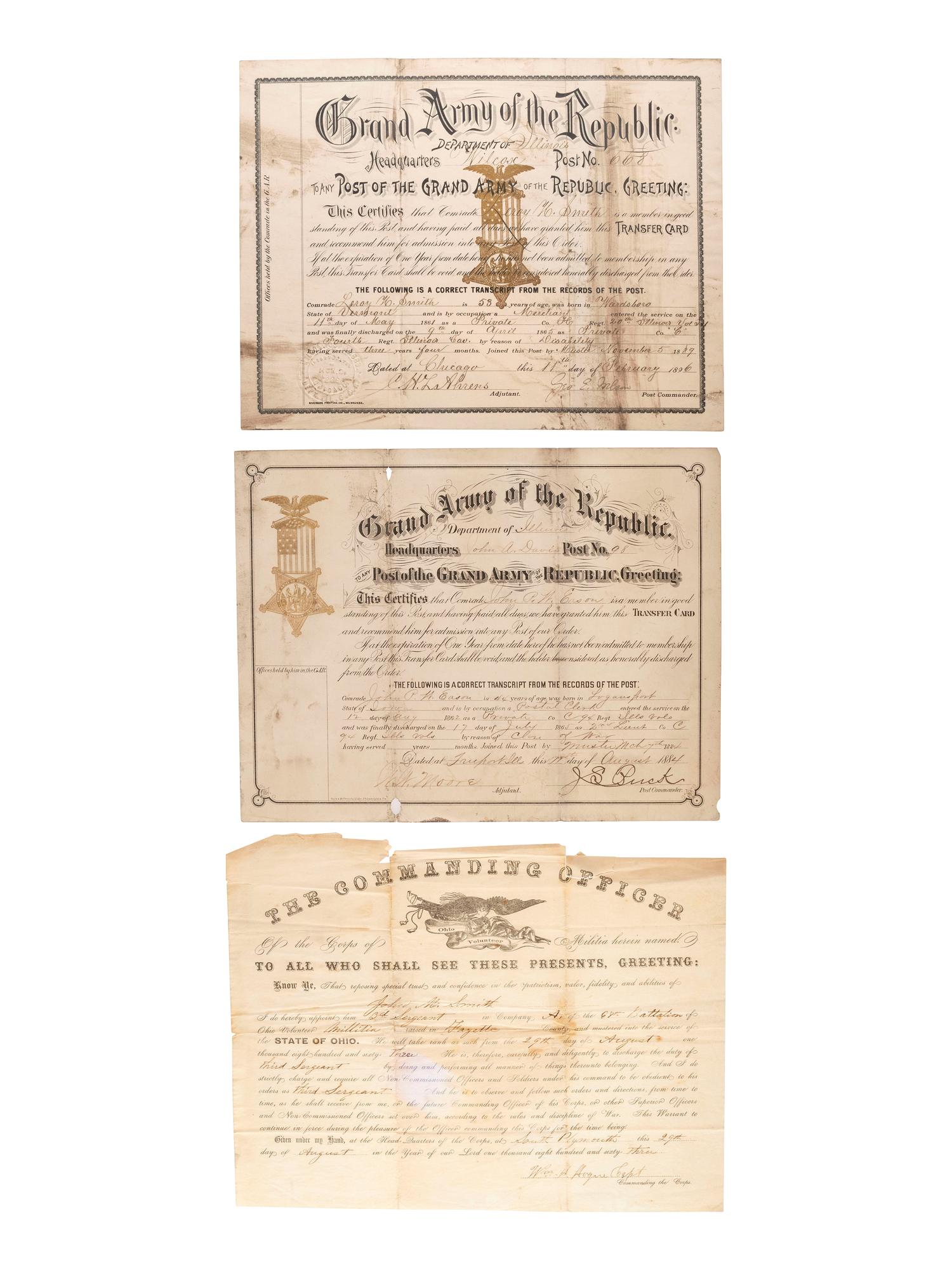 [CIVIL WAR]. A group of Civil War-era documents including Provost Marshal's Office orders warning drafted men to report to Head Quarters, Quincy, Illinois, 1 November 1864.