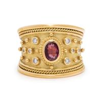 ELIZABETH GAGE, YELLOW GOLD, RUBY AND DIAMOND RING