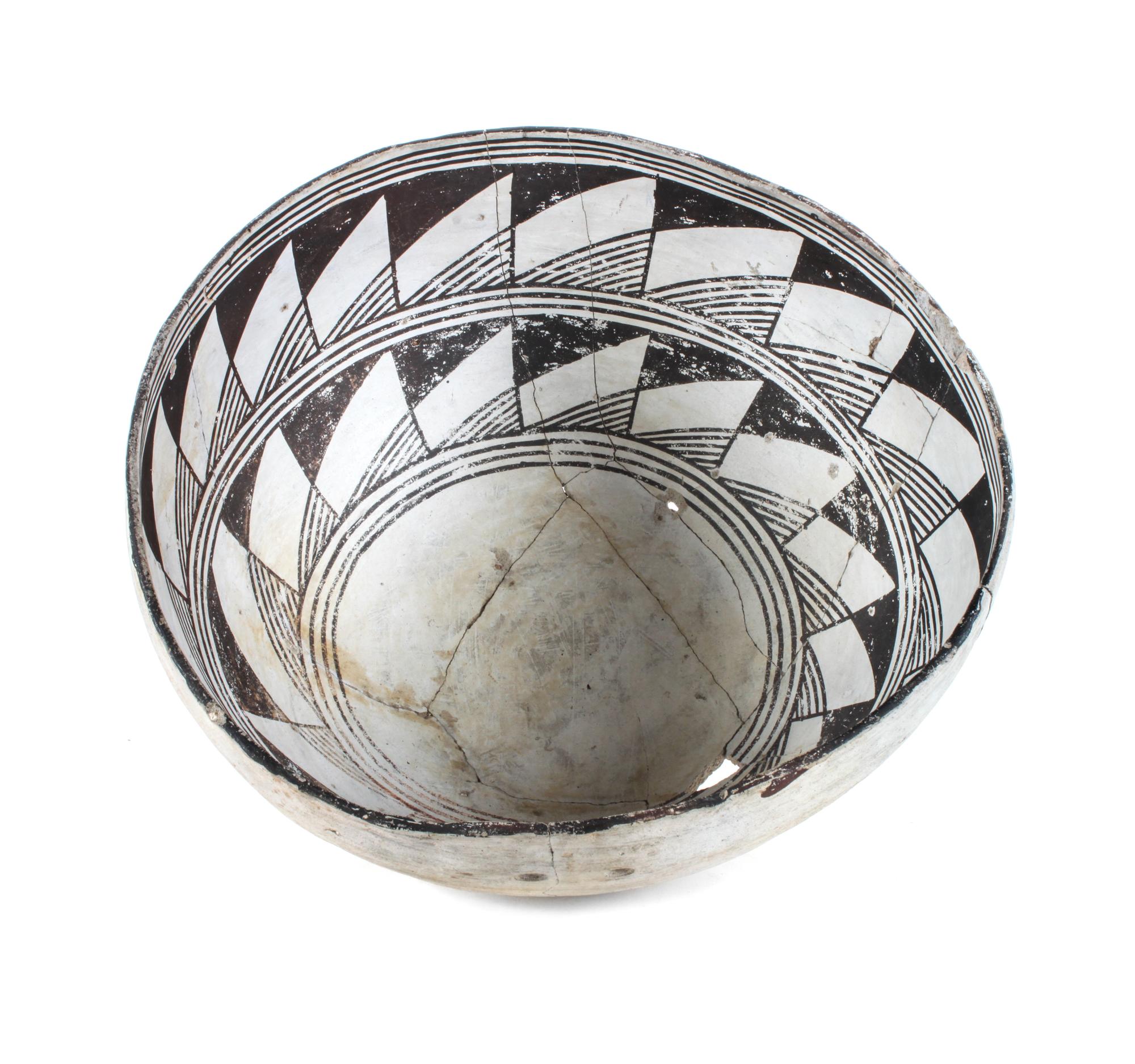 Prehistoric Black on White Bowl Height 6 x diameter 11 1/2 inches