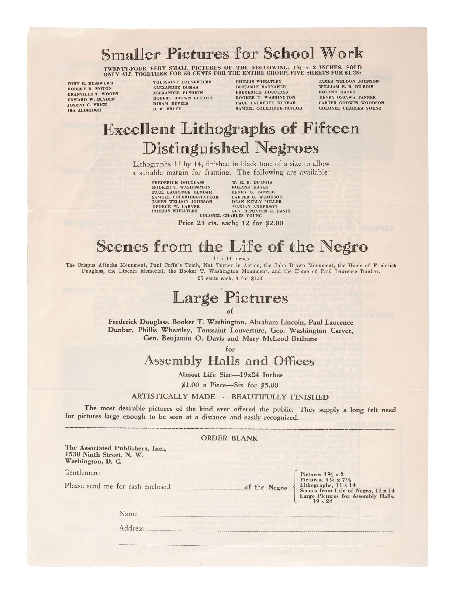 [AFRICAN AMERICANA.] "Pictures of Distinguished Negroes" advertising catalog issued by The Associated Publishers. Washington, D.C., n.d. [ca. 1940s].