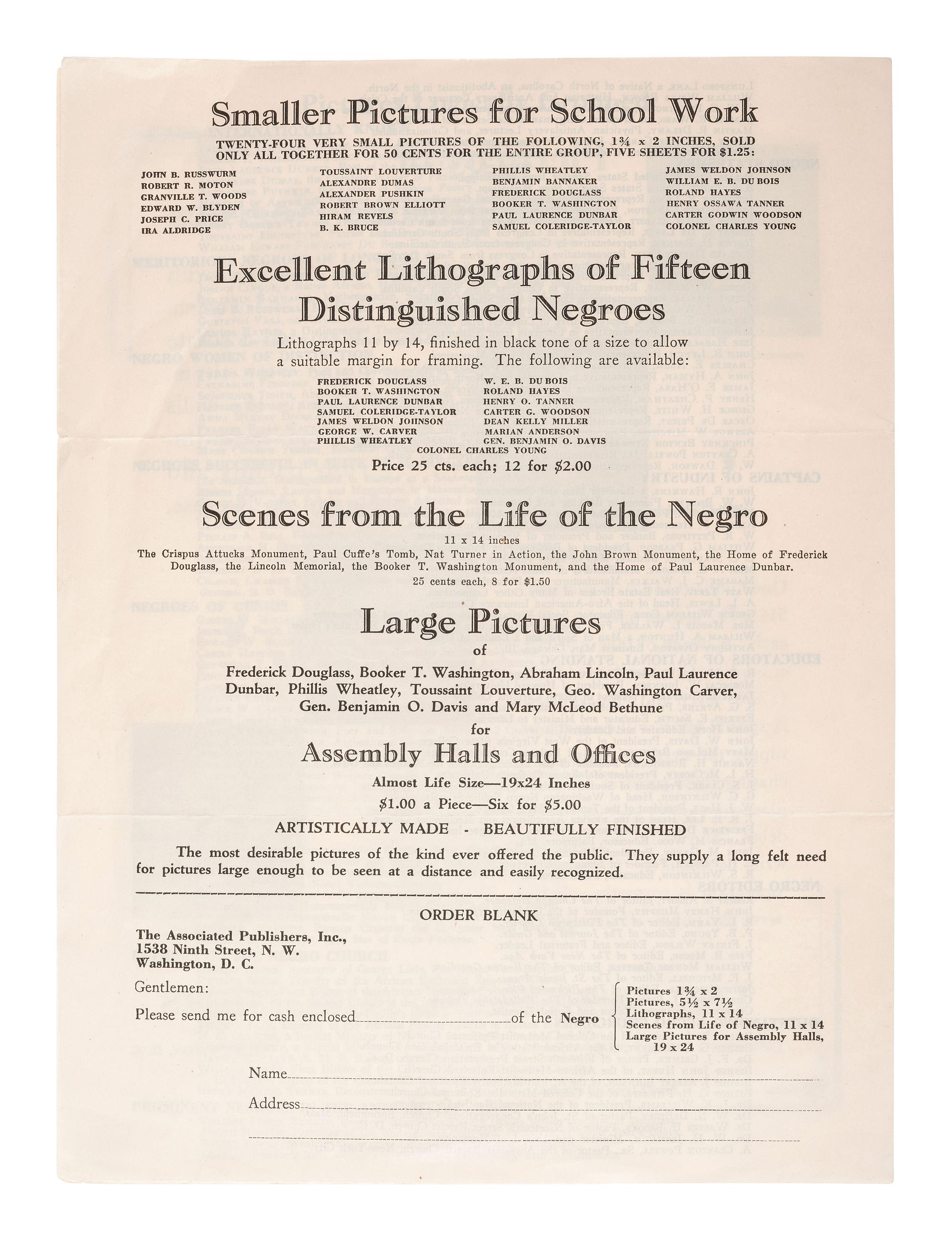 [AFRICAN AMERICANA.] "Pictures of Distinguished Negroes" advertising catalog issued by The Associated Publishers. Washington, D.C., n.d. [ca. 1940s].