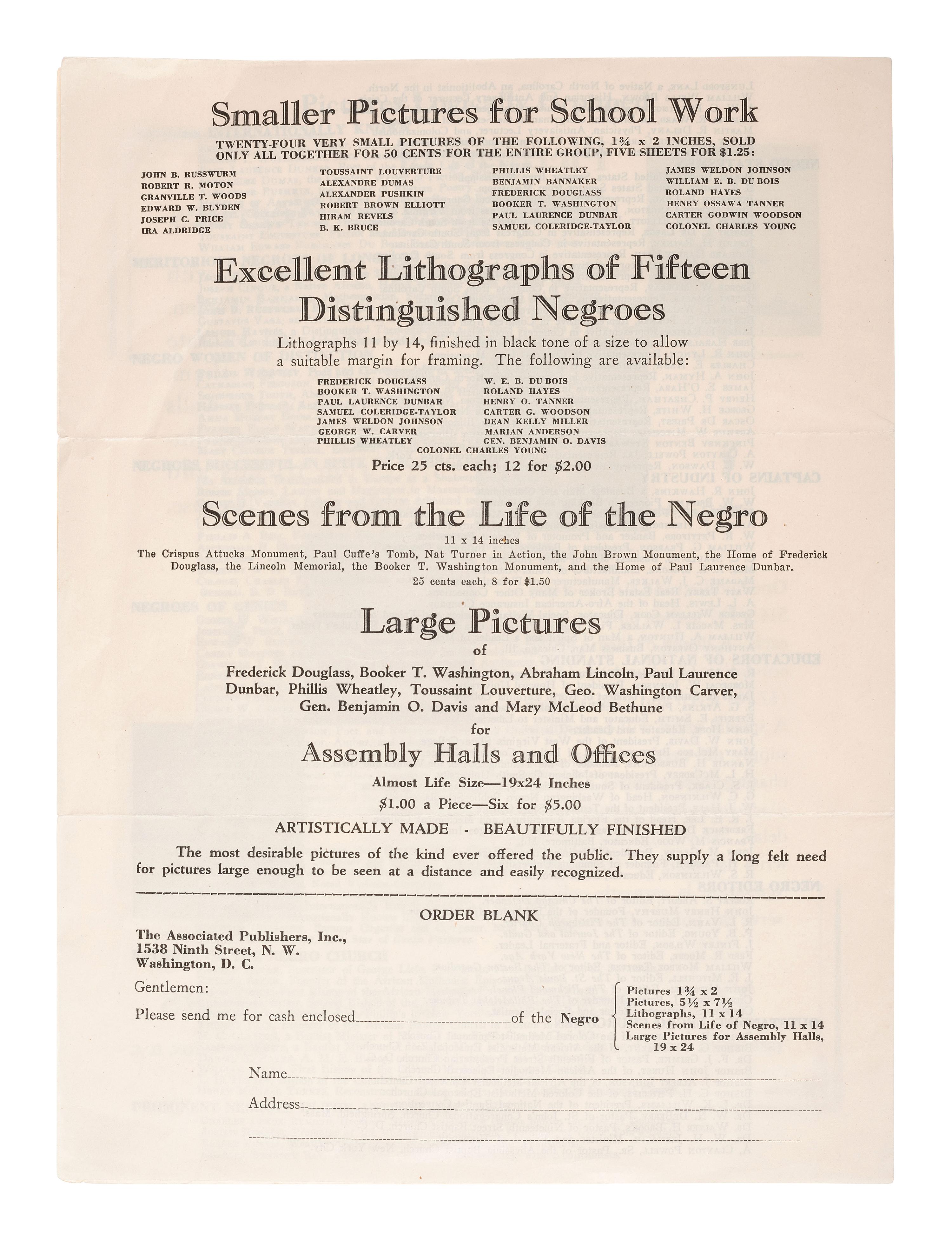 [AFRICAN AMERICANA.] "Pictures of Distinguished Negroes" advertising catalog issued by The Associated Publishers. Washington, D.C., n.d. [ca. 1940s].