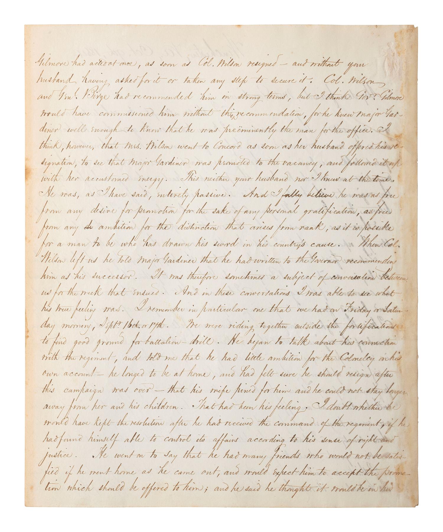 [CIVIL WAR]. THAYER, William Henry. Autograph letter signed ("Wm. Henry Thayer") as regimental surgeon, 14th New Hampshire Infantry, describing the wounding, treatment, and death of his fellow soldier Colonel Alexander Gardiner who was mortally injured at the Battle of Opequan. Winchester, VA, 9 October 1864.
