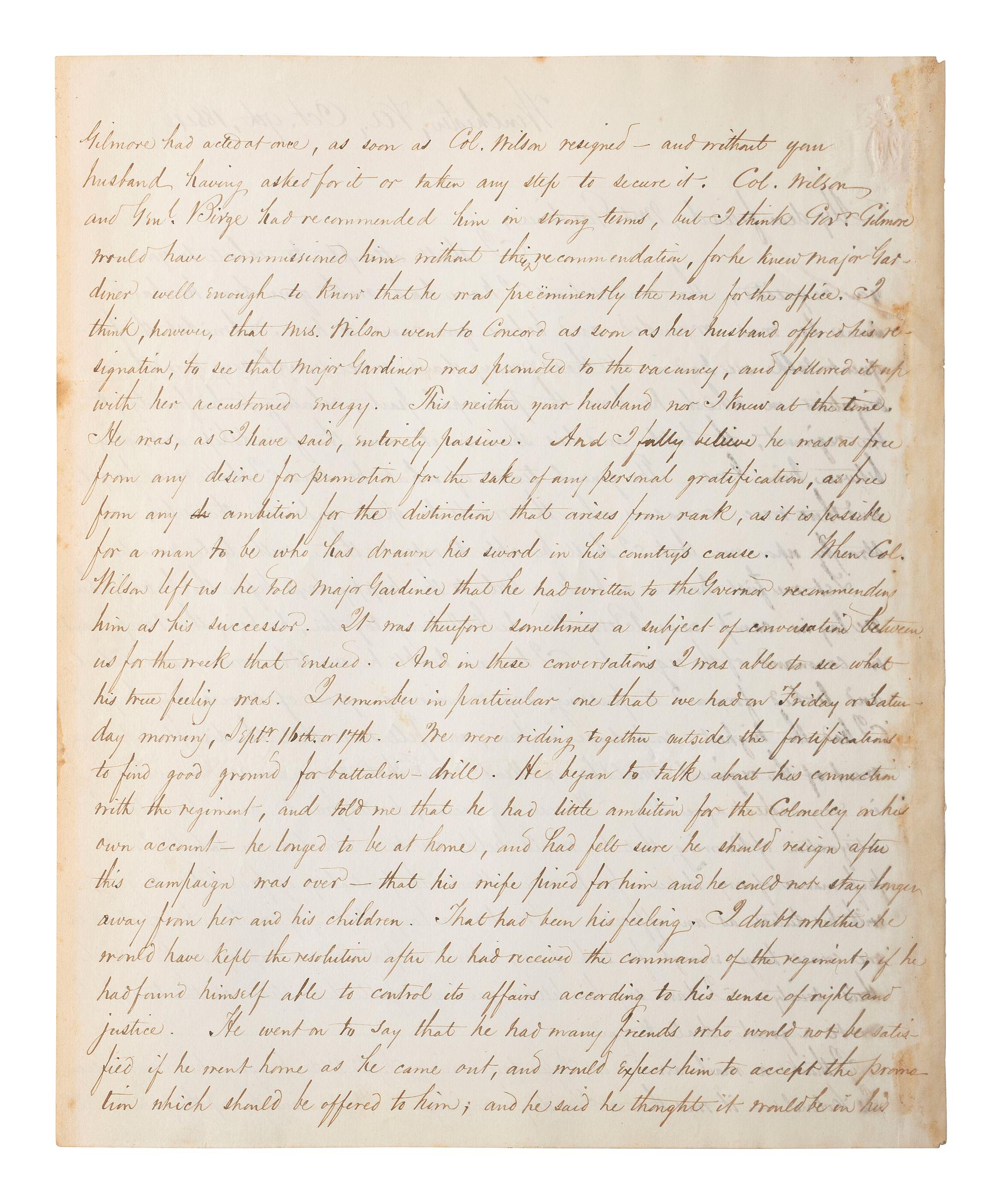[CIVIL WAR]. THAYER, William Henry. Autograph letter signed ("Wm. Henry Thayer") as regimental surgeon, 14th New Hampshire Infantry, describing the wounding, treatment, and death of his fellow soldier Colonel Alexander Gardiner who was mortally injured at the Battle of Opequan. Winchester, VA, 9 October 1864.
