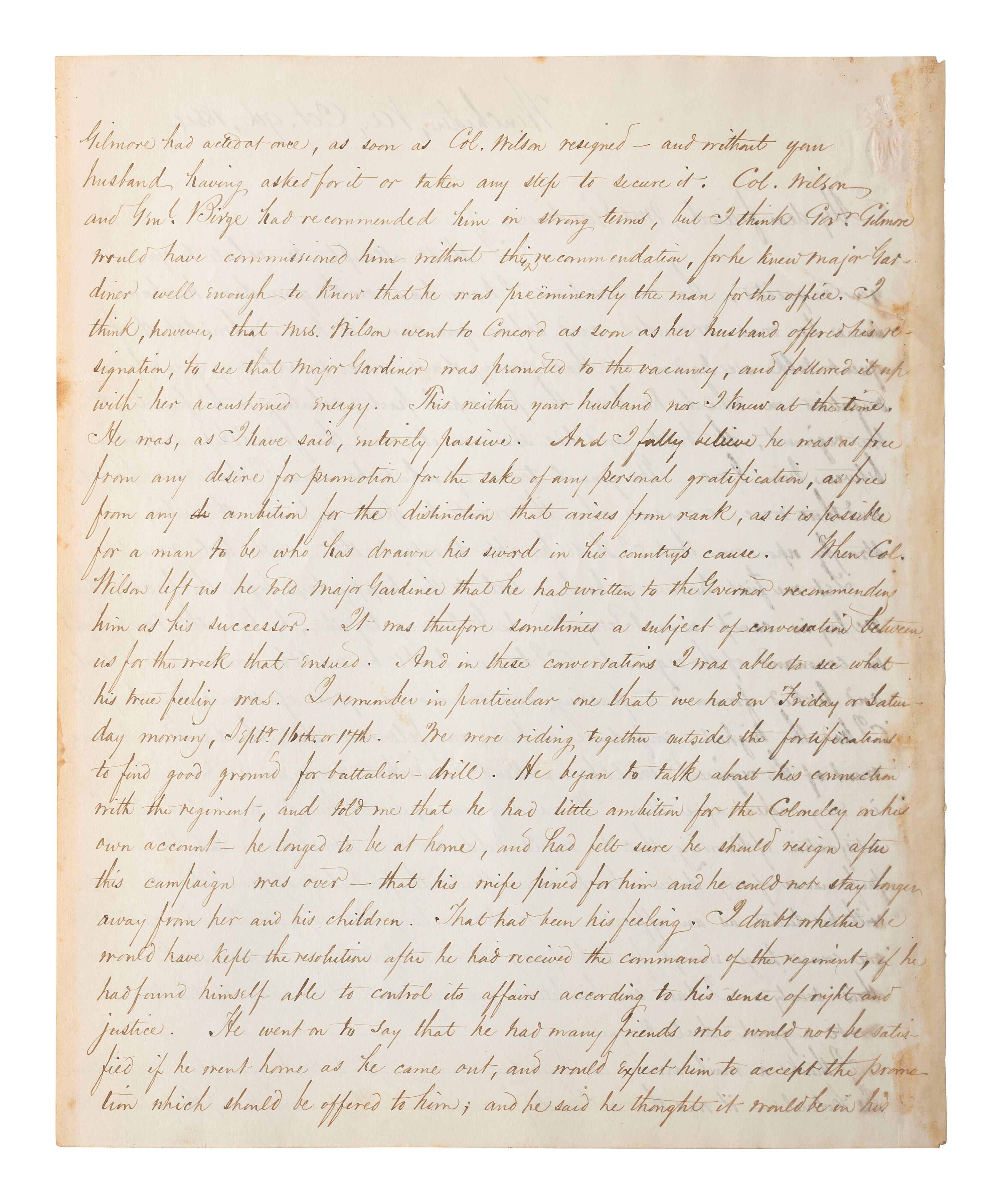[CIVIL WAR]. THAYER, William Henry. Autograph letter signed ("Wm. Henry Thayer") as regimental surgeon, 14th New Hampshire Infantry, describing the wounding, treatment, and death of his fellow soldier Colonel Alexander Gardiner who was mortally injured at the Battle of Opequan. Winchester, VA, 9 October 1864.