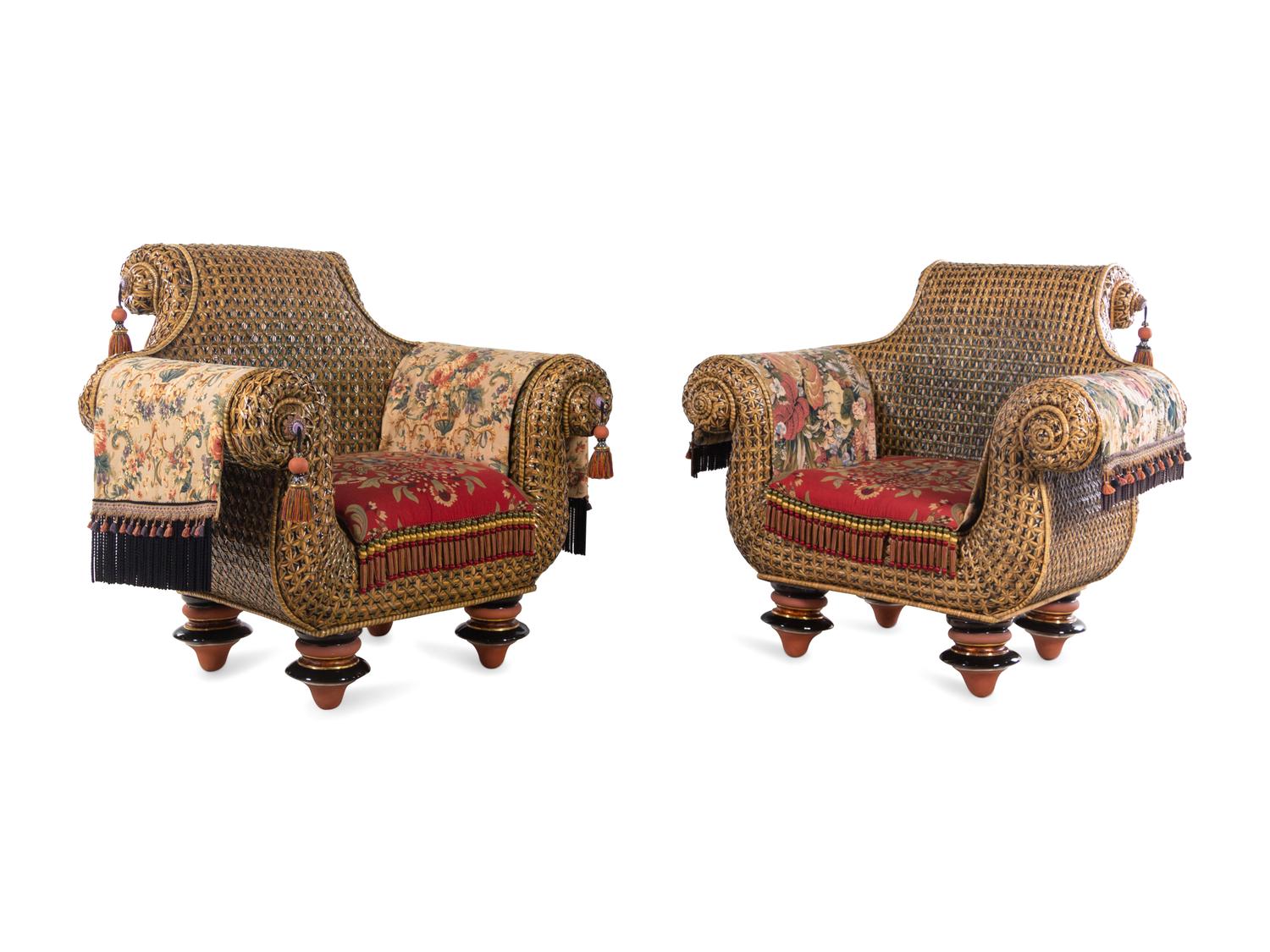 A Pair of Mackenzie Childs Whimsical Raffia and Upholstery Armchairs