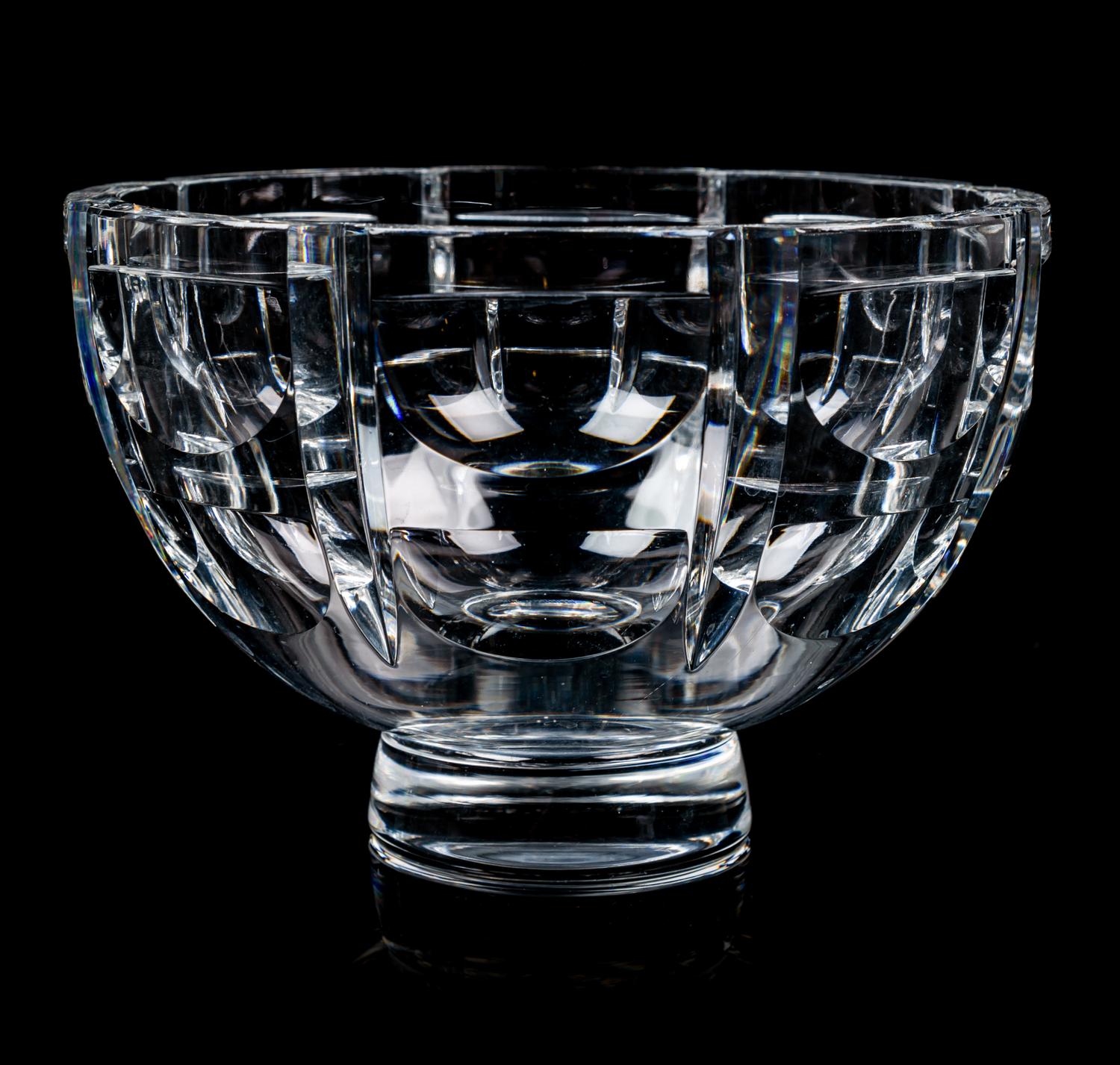 An Orrefors Cut Glass Bowl Height 5 x diameter 7 1/4 inches.