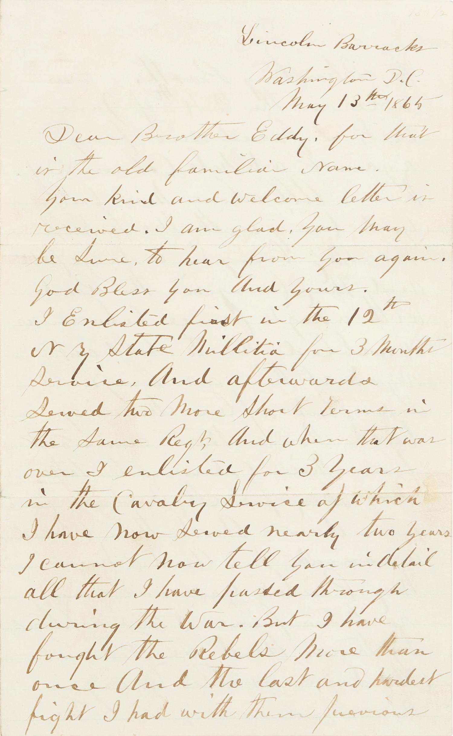 [LINCOLN ASSASSINATION] CORBETT, Thomas H. ("Boston") (ca 1832- 1888). Autograph letter, signed ("Boston Corbett") to "Brother Eddy." Washington, D.C., 13 May 1865.