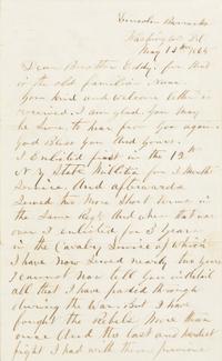 [LINCOLN ASSASSINATION] CORBETT, Thomas H. ("Boston") (ca 1832- 1888). Autograph letter, signed ("Boston Corbett") to "Brother Eddy." Washington, D.C., 13 May 1865.