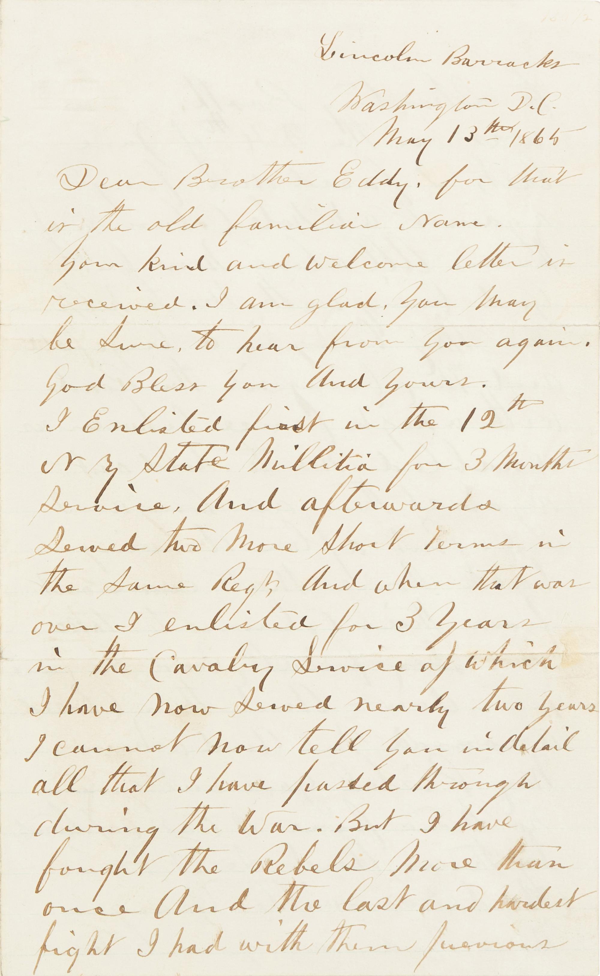 [LINCOLN ASSASSINATION] CORBETT, Thomas H. ("Boston") (ca 1832- 1888). Autograph letter, signed ("Boston Corbett") to "Brother Eddy." Washington, D.C., 13 May 1865.
