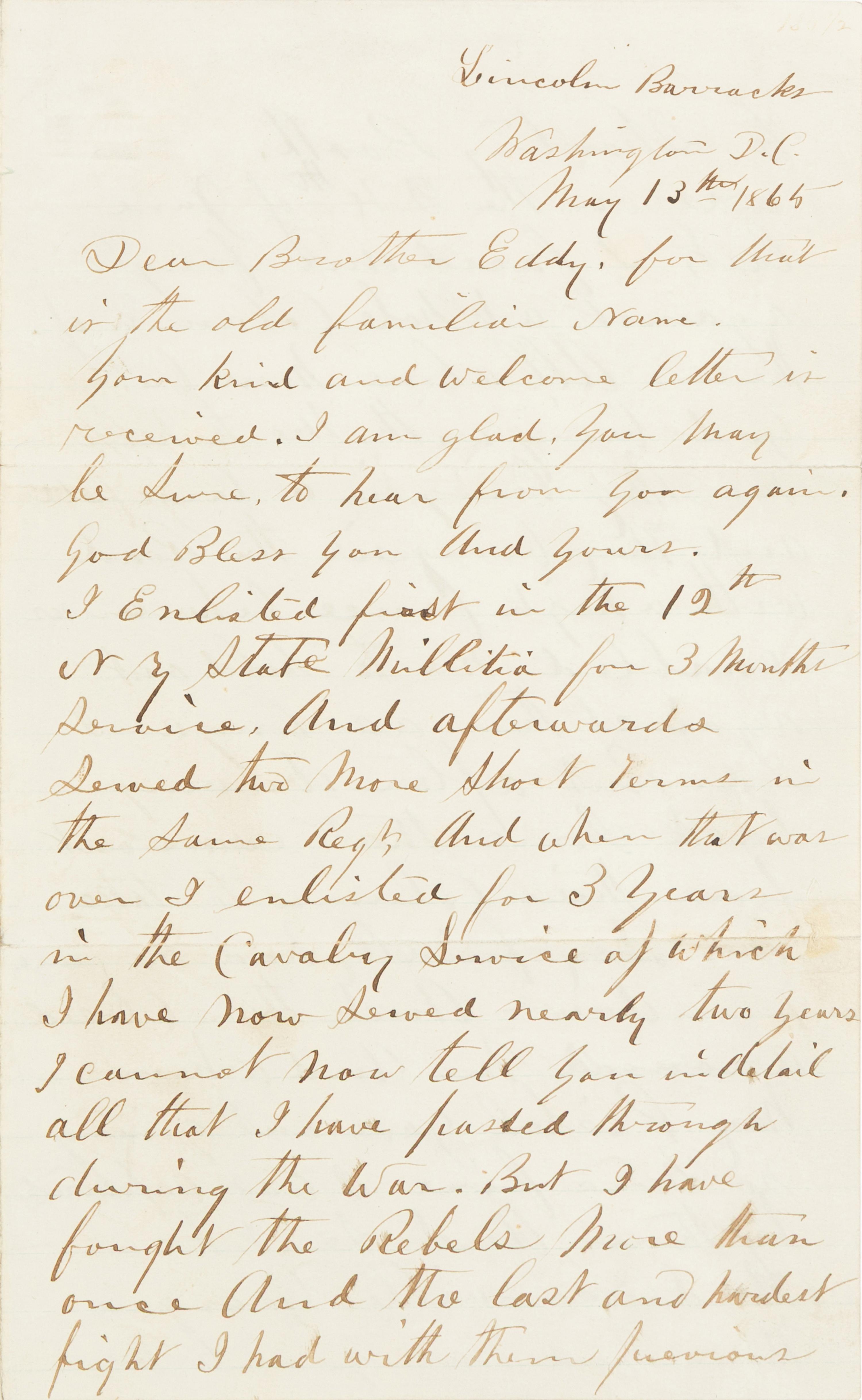 [LINCOLN ASSASSINATION] CORBETT, Thomas H. ("Boston") (ca 1832- 1888). Autograph letter, signed ("Boston Corbett") to "Brother Eddy." Washington, D.C., 13 May 1865.