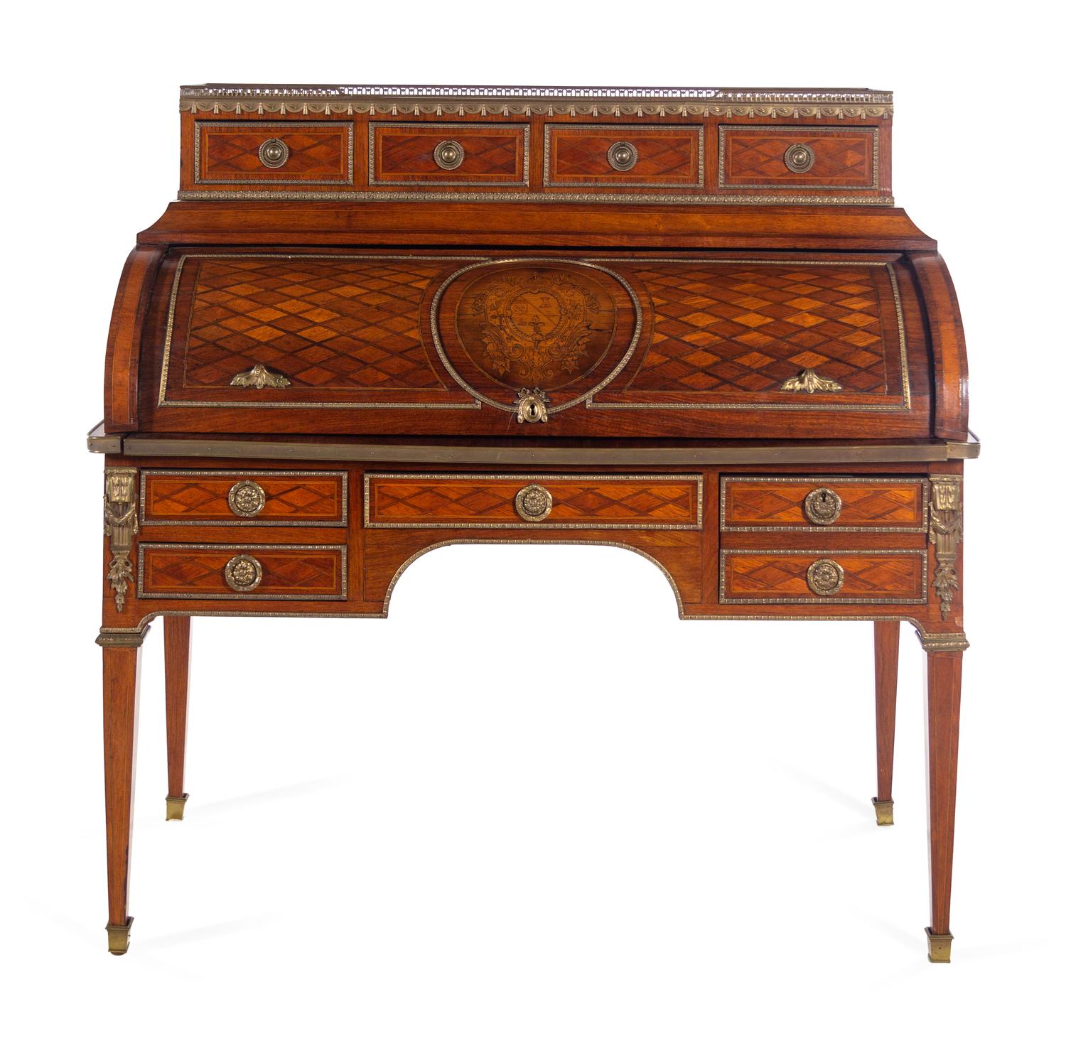 A Louis XVI Style Gilt Bronze Mounted Parquetry Bureau à Cylindre