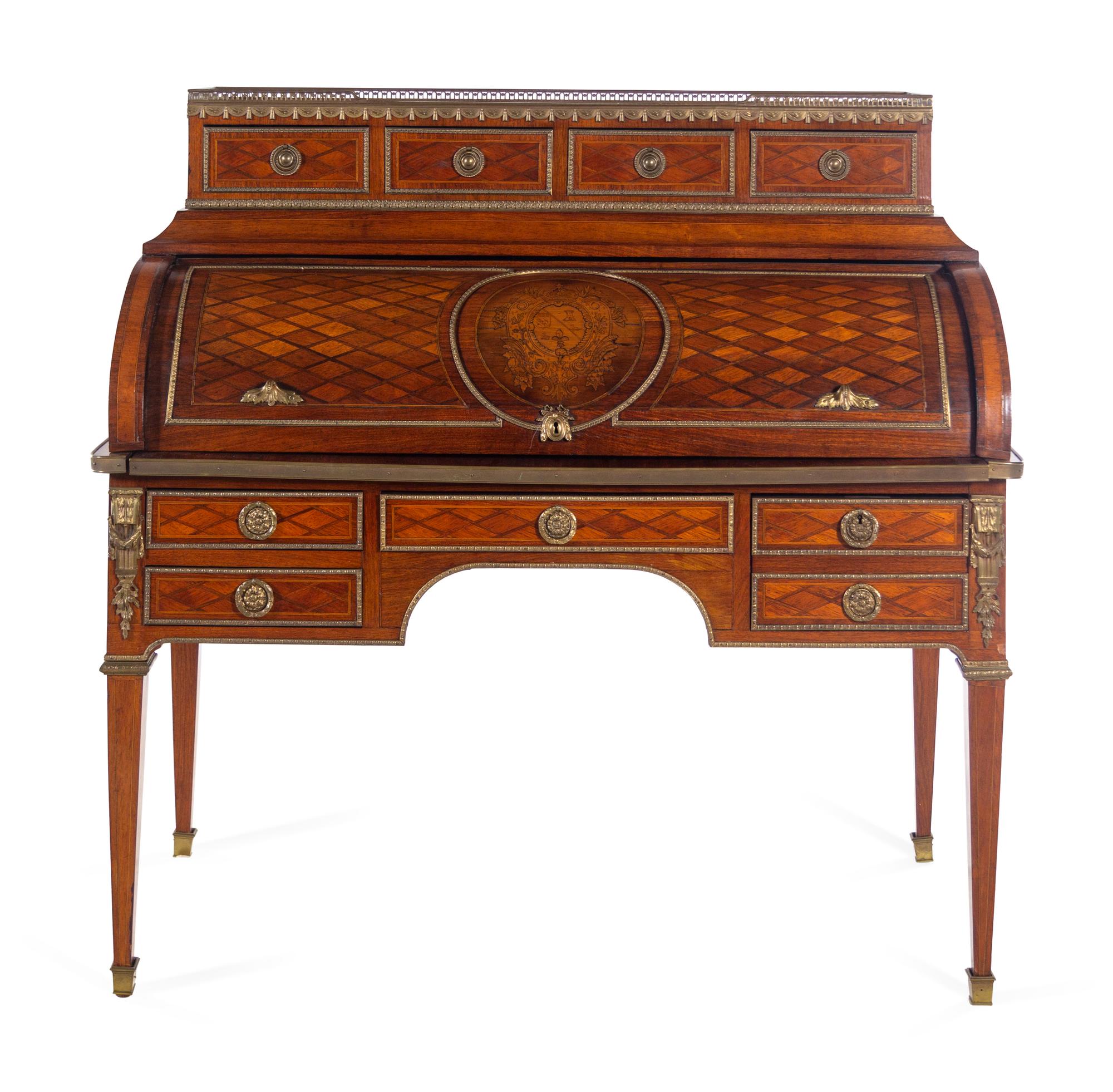A Louis XVI Style Gilt Bronze Mounted Parquetry Bureau à Cylindre