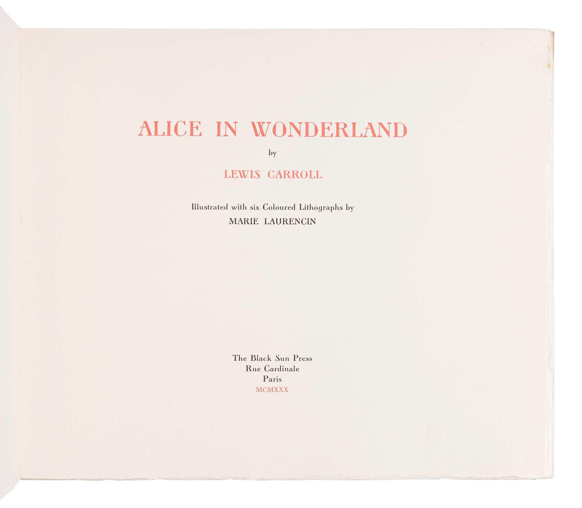 [BLACK SUN PRESS]. LAURENCIN, Marie (1883-1956), illustrator. DODGSON, Charles Lutwidge (1832-1898). Alice in Wonderland. Paris: The Black Sun Press, 1930.