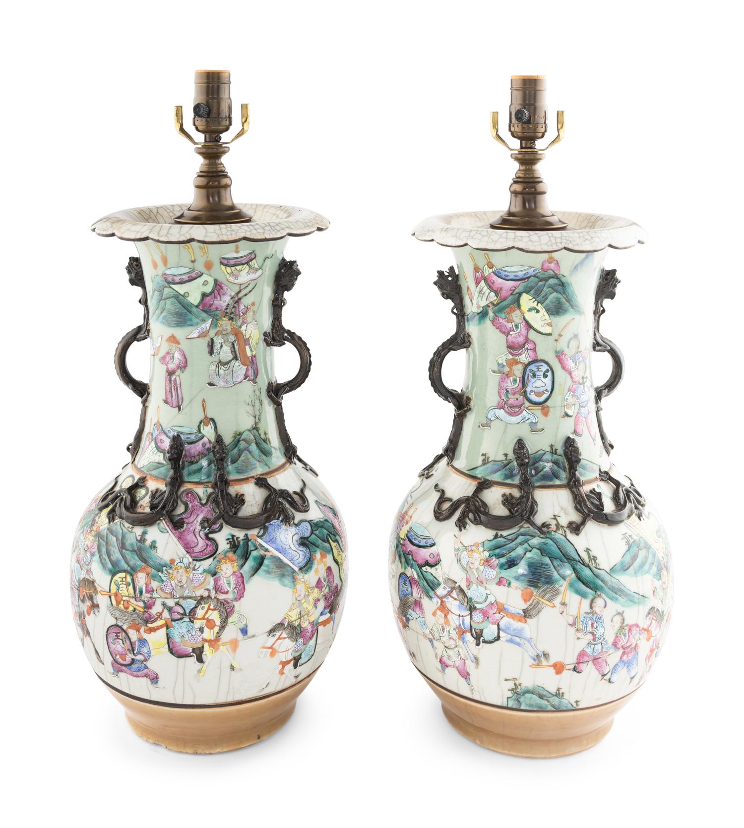 A Pair of Chinese Iron Decorated Famille Rose Porcelain Handled Vases