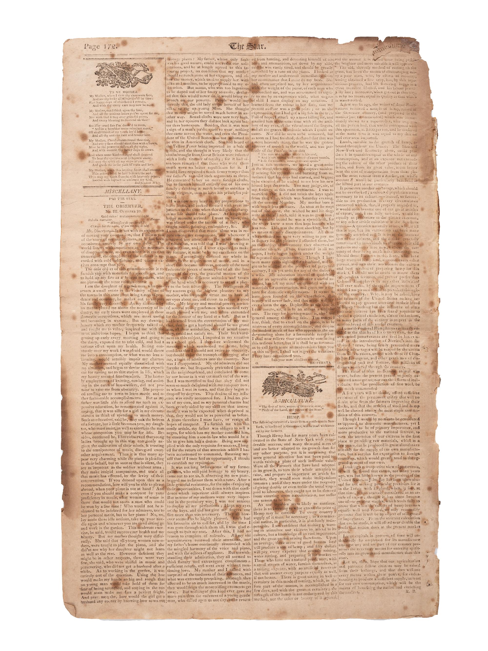 [SLAVERY & ABOLITION]. The Star . Vol. I, No. 43. Raleigh, NC: Thomas Henderson, 25 October 1810.