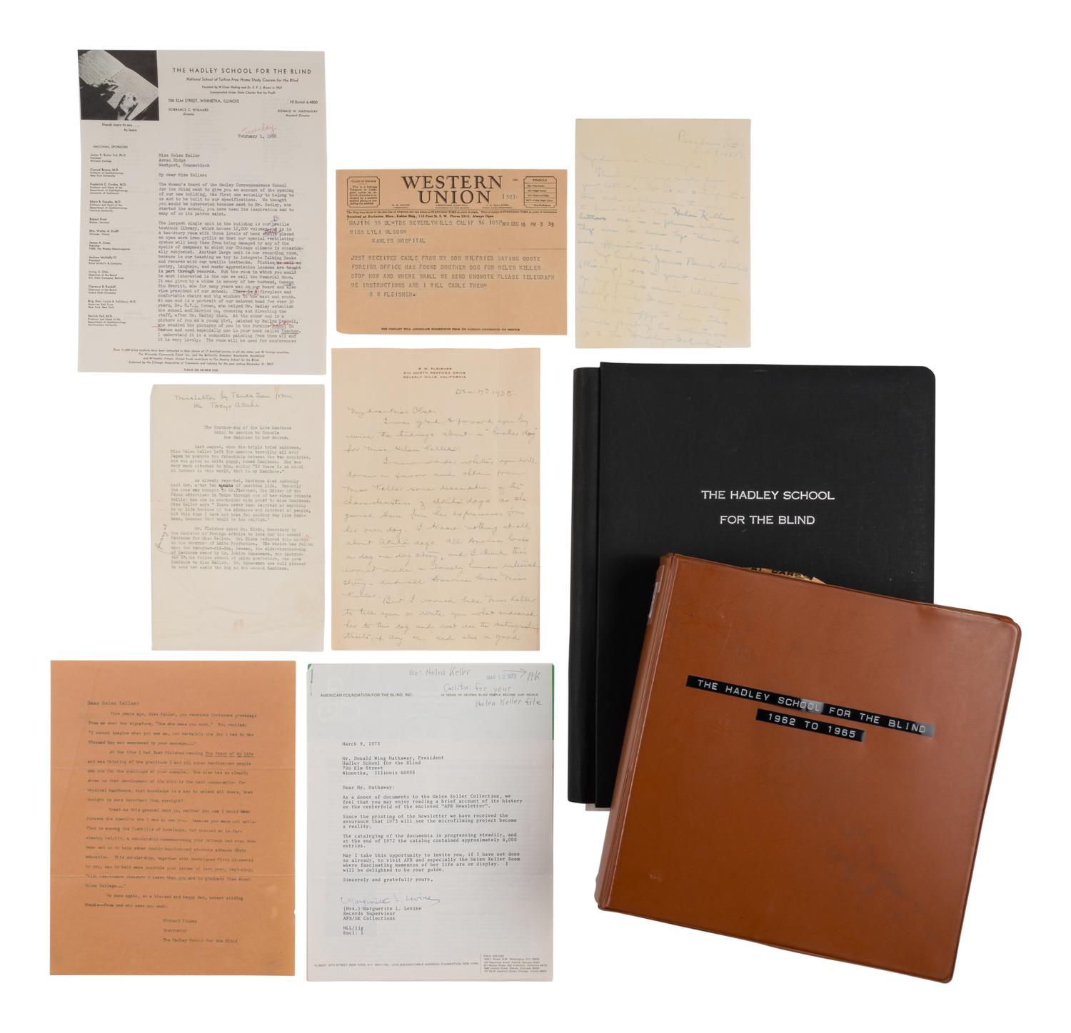 KELLER, Helen Adams (1880-1968). A small archive of materials related to Hadley (Institute for the Blind), comprising: