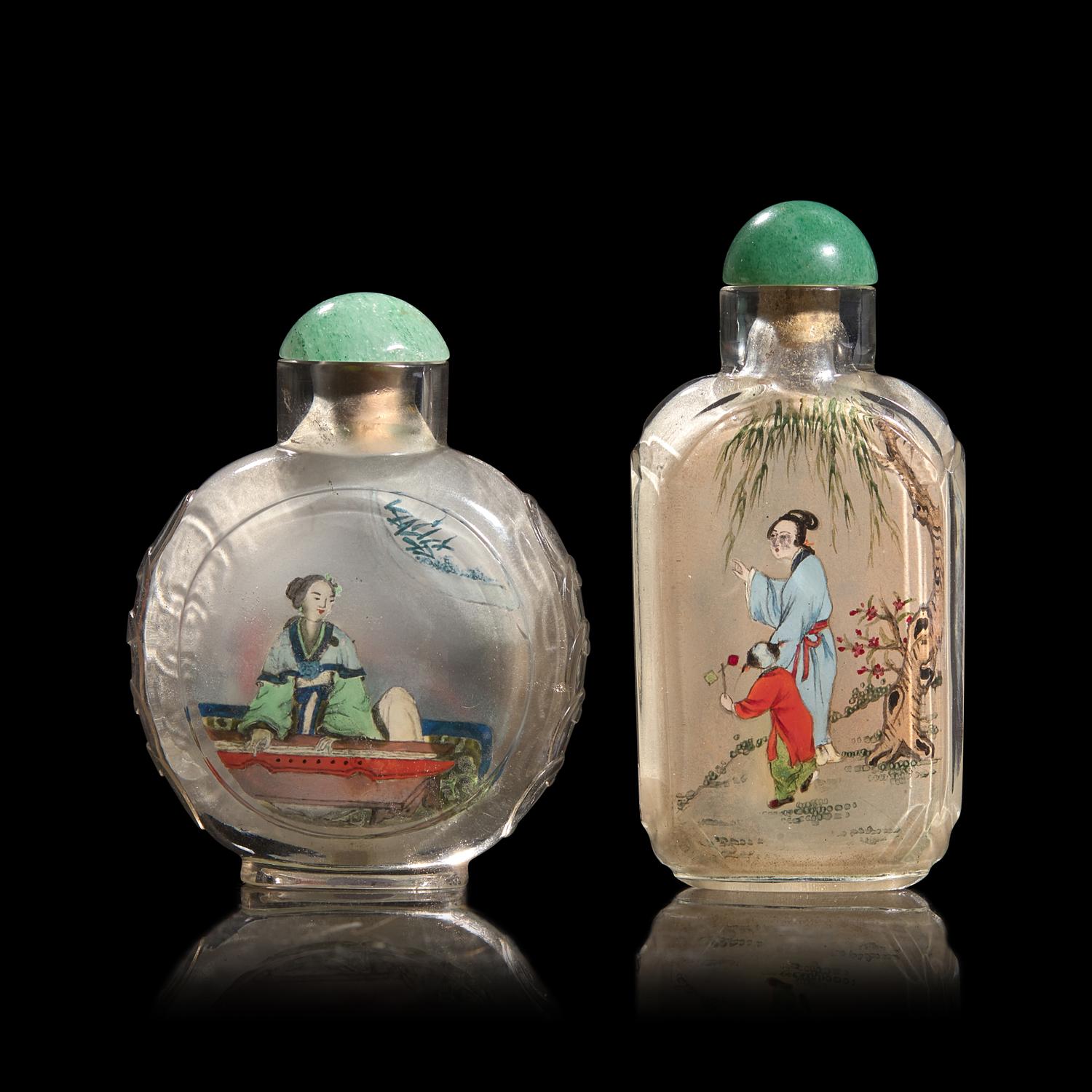 Two Chinese Inside Painted Glass Snuff Bottles, Signed Ding Hong, Ye Xiaofeng