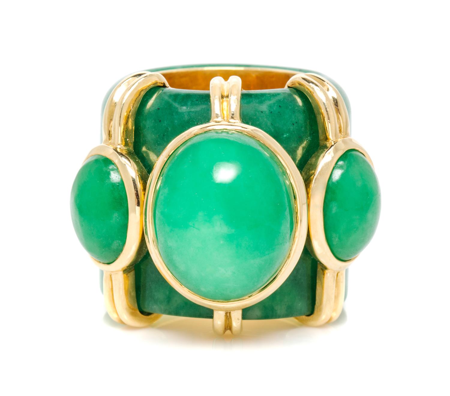 An 18 Karat Yellow Gold and Jade Archer's Ring, Tony Duquette, 50.20 dwts.