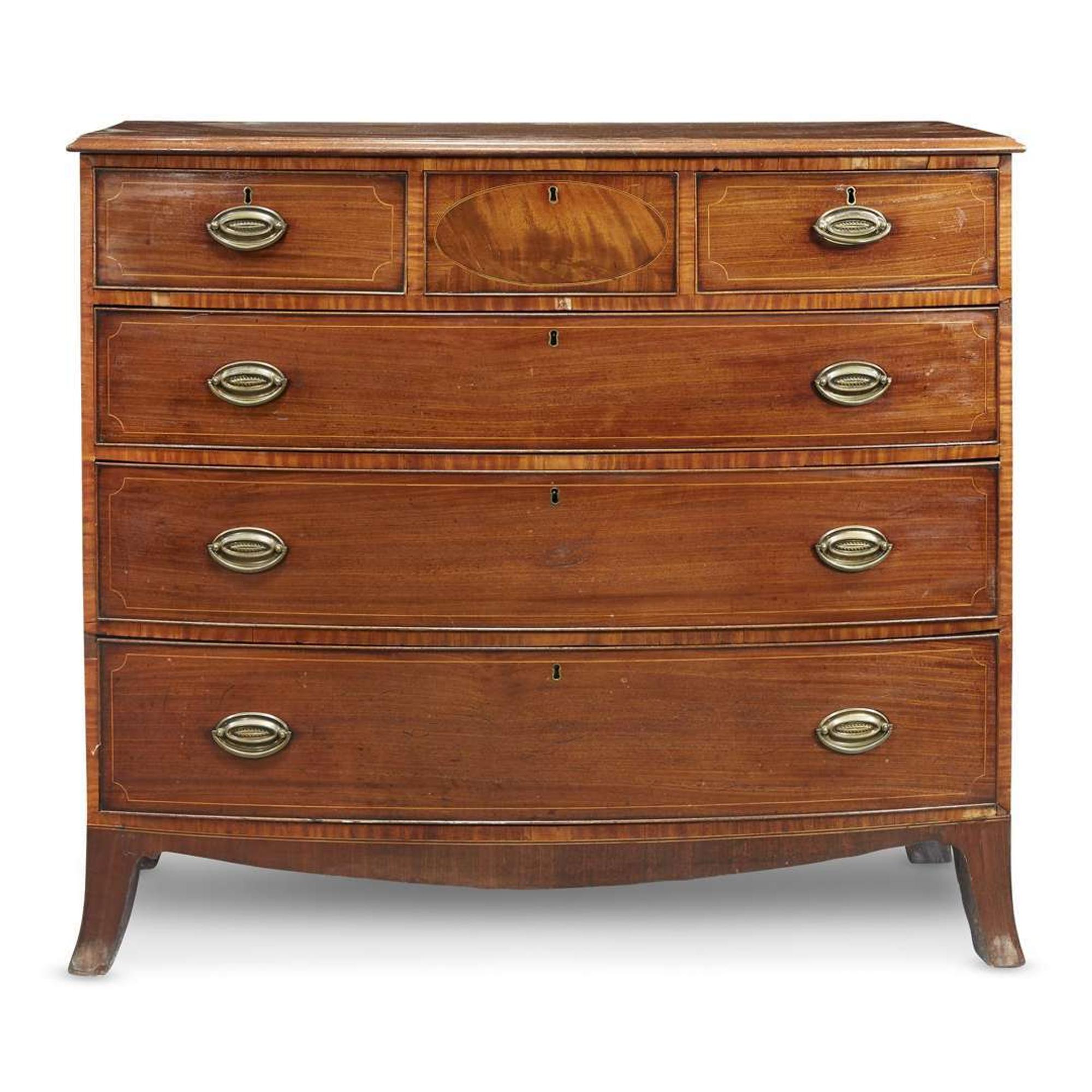 Federal string inlaid mahogany bowfront chest of drawers circa 1800