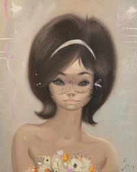 Brunette Girl Wearing a Black Net Eye Mask