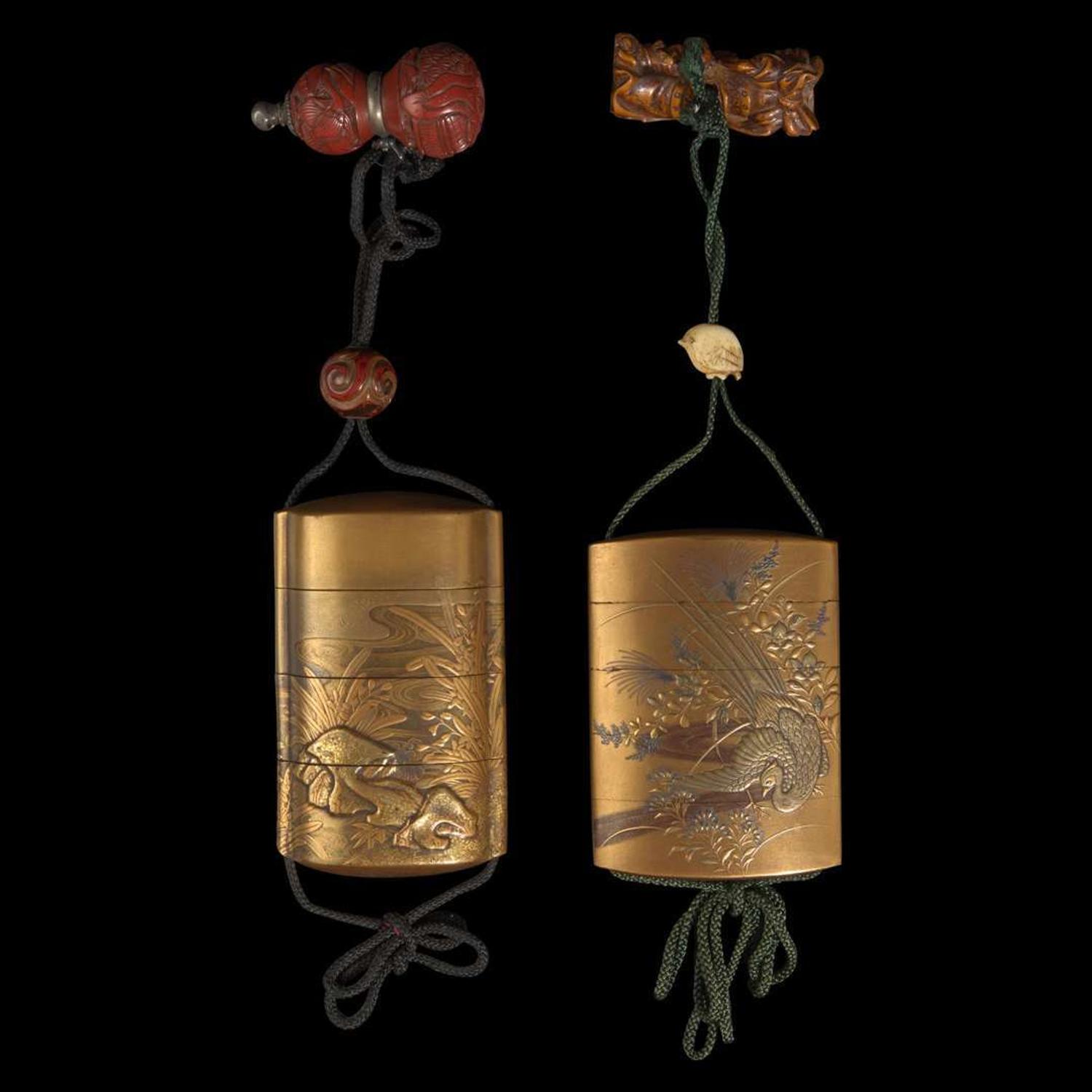 Two Japanese gold lacquer inro 日本印笼两套 Meiji period ??