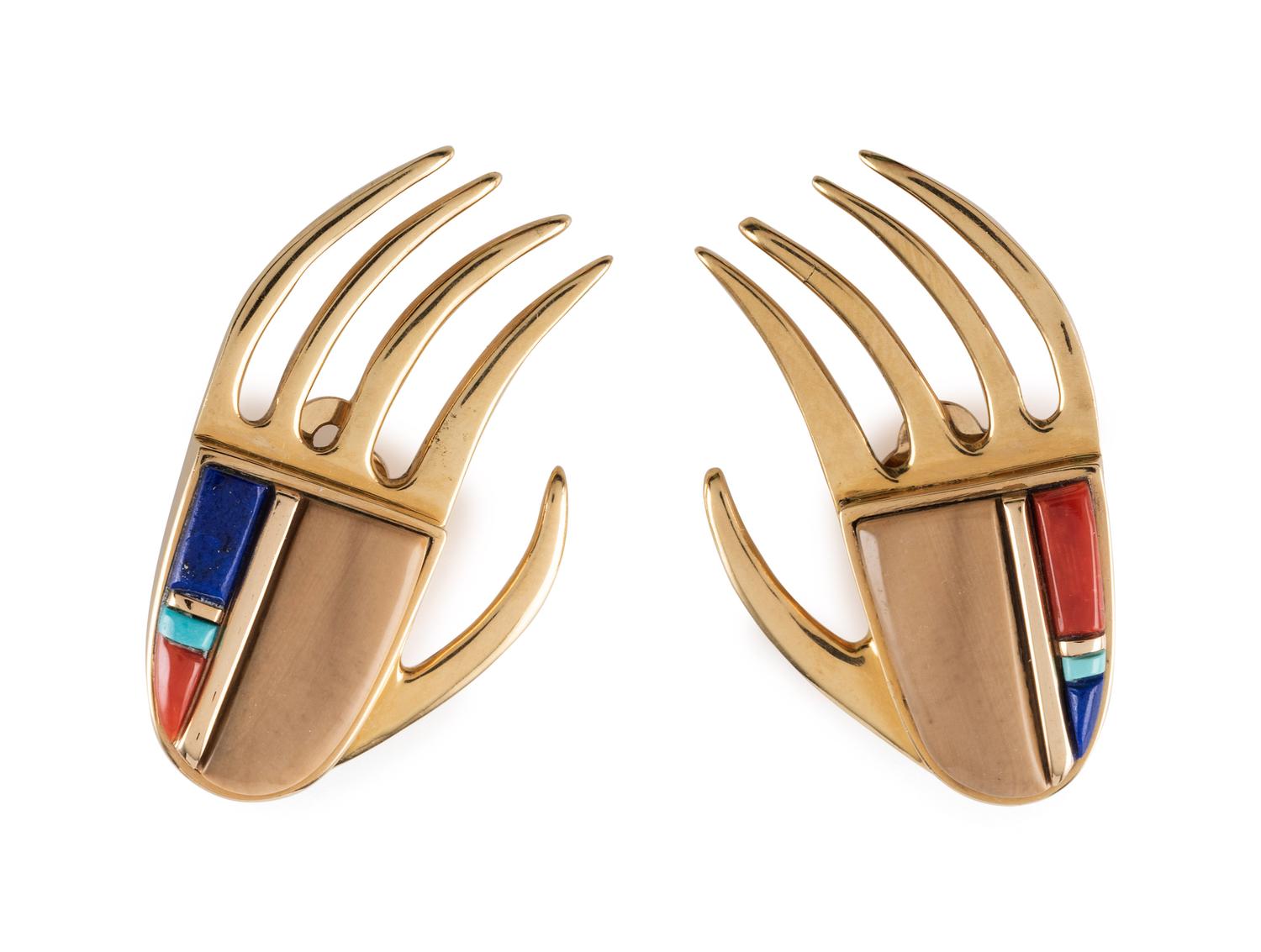 18K Gold and Mosaic Inlay Bear Paw Clip Earrings