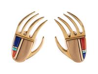 18K Gold and Mosaic Inlay Bear Paw Clip Earrings