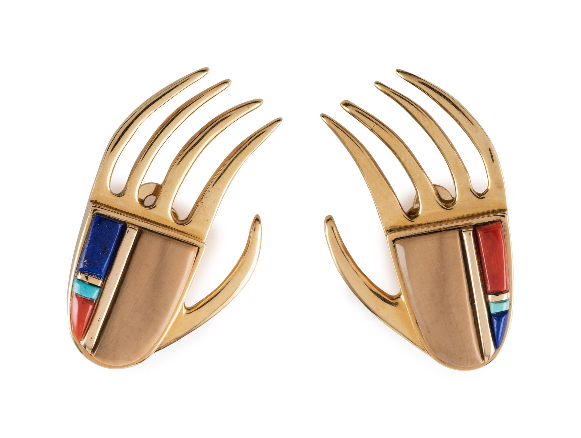 18K Gold and Mosaic Inlay Bear Paw Clip Earrings