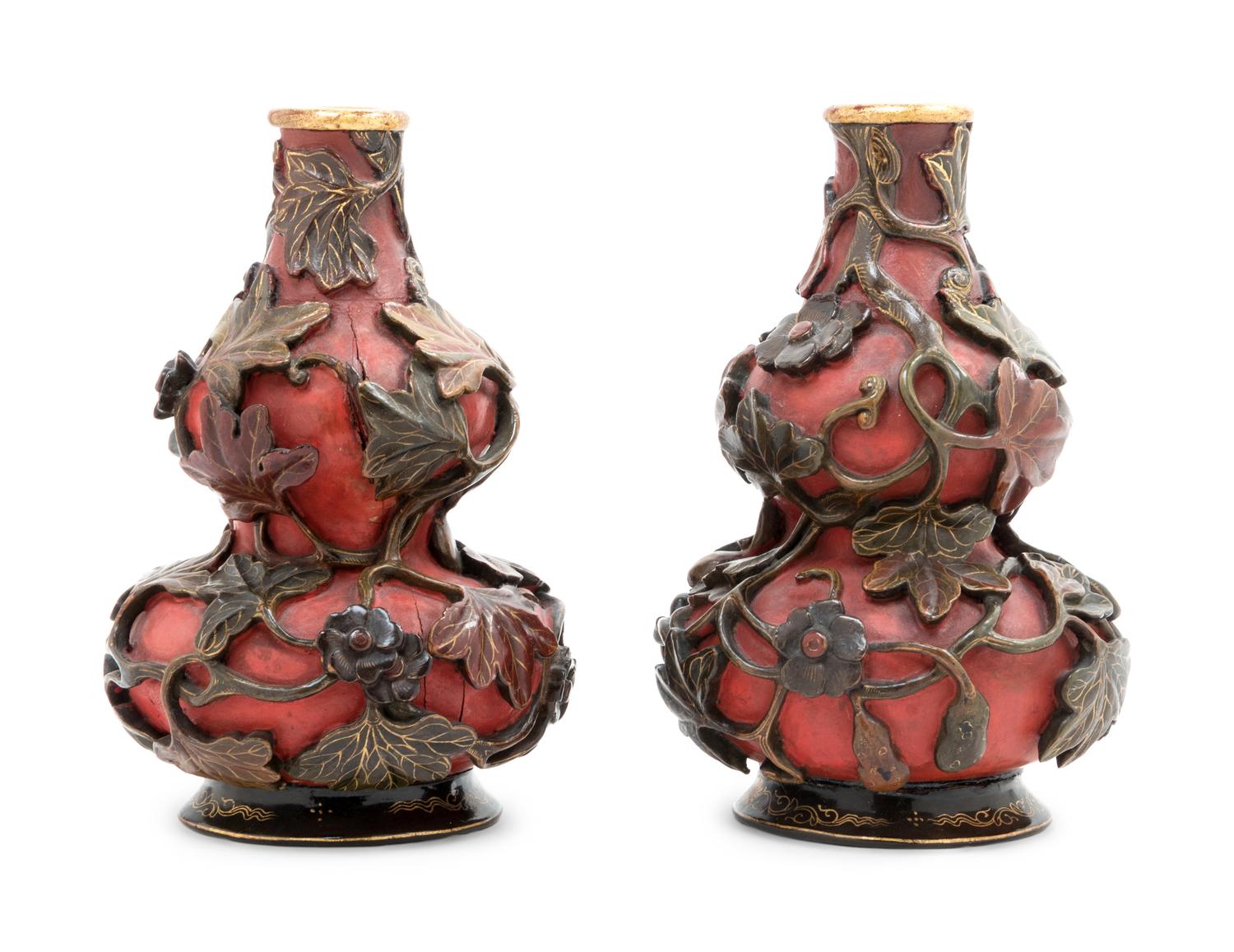 A Pair of Polychrome Painted Lacquered Wood Gourd-Form Vases