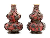 A Pair of Polychrome Painted Lacquered Wood Gourd-Form Vases