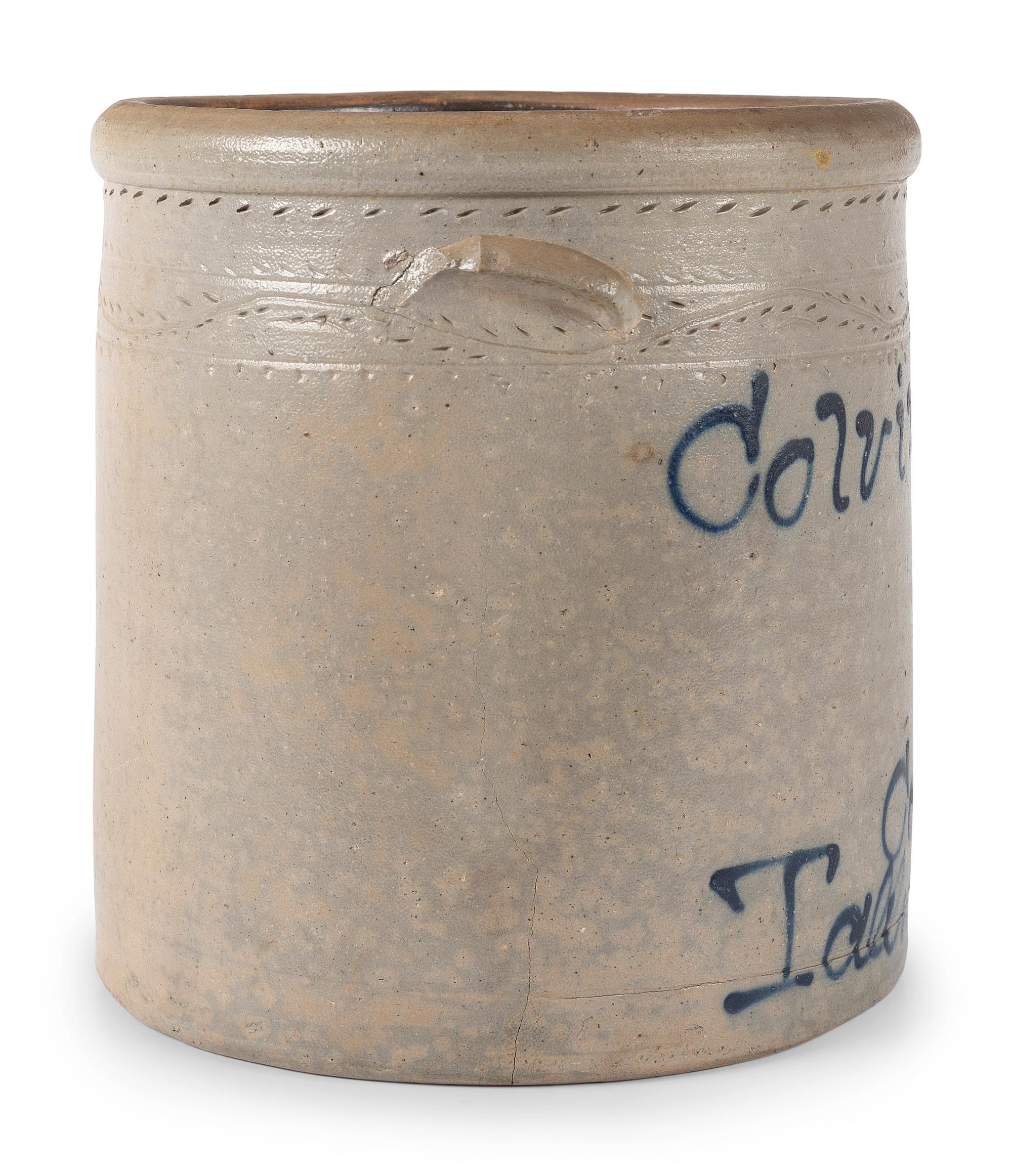 An Ohio Script Decorated Four Gallon Stoneware Crock